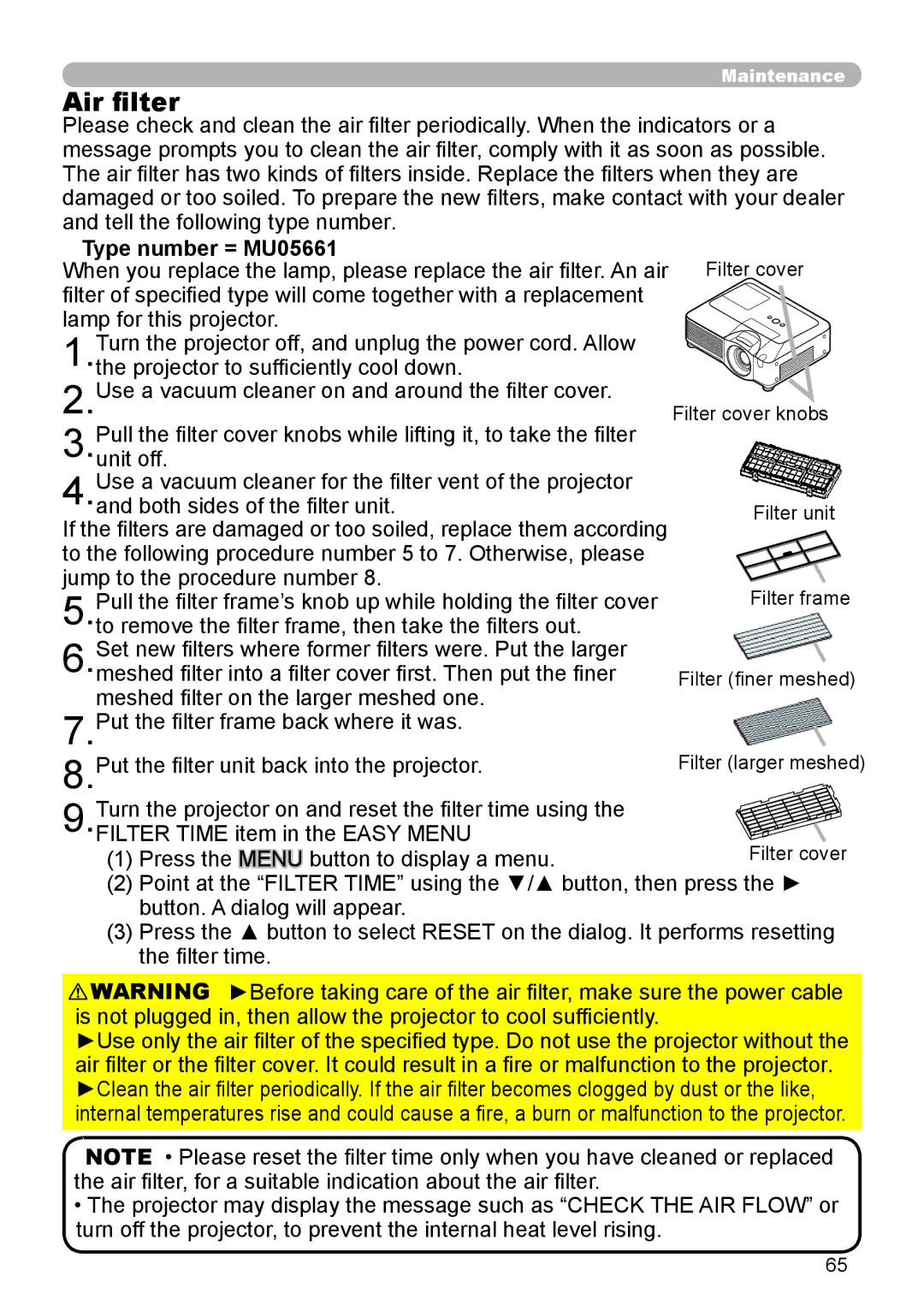 Dukane 9136 user manual Air filter, Type number = MU05661 