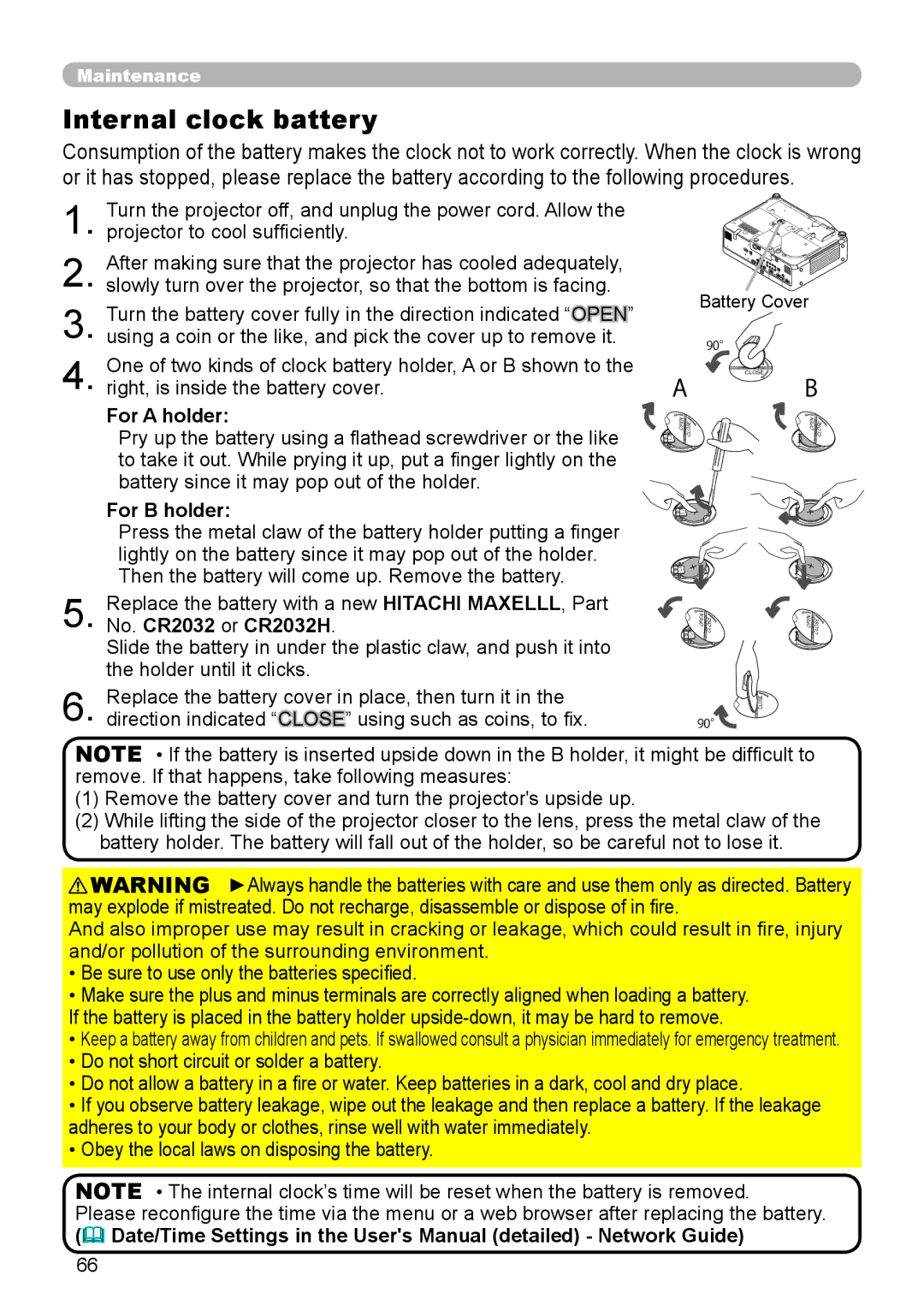 Dukane 9136 user manual Internal clock battery, For a holder, For B holder 