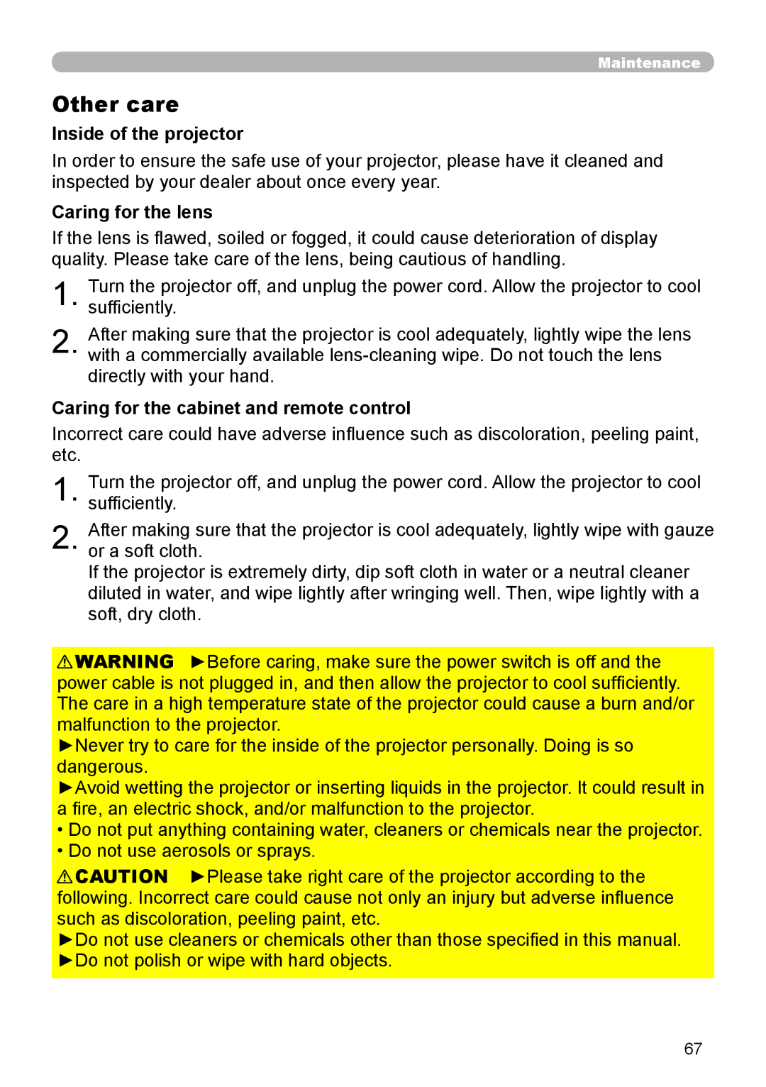 Dukane 9136 user manual Other care, Inside of the projector, Caring for the lens, Caring for the cabinet and remote control 