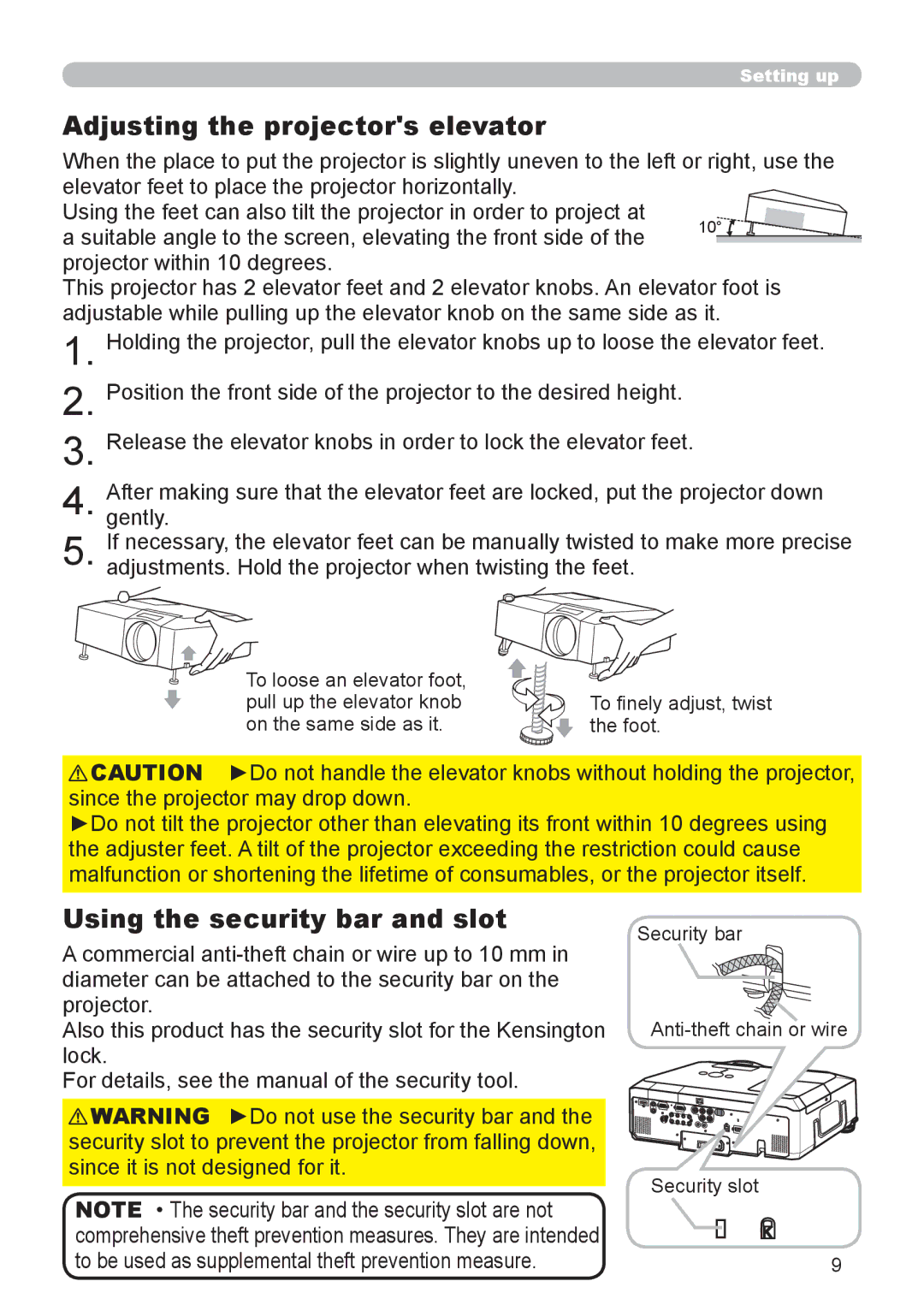 Dukane 9136 user manual Adjusting the projectors elevator, Using the security bar and slot, On the same side as it Foot 