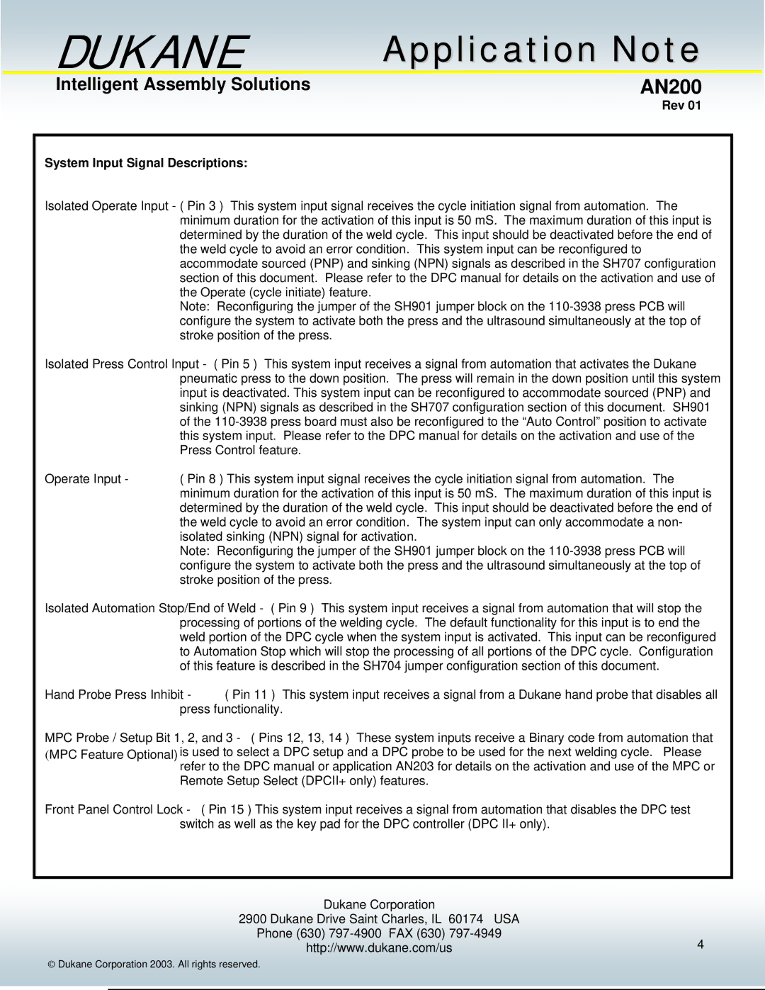 Dukane AN200 manual System Input Signal Descriptions 