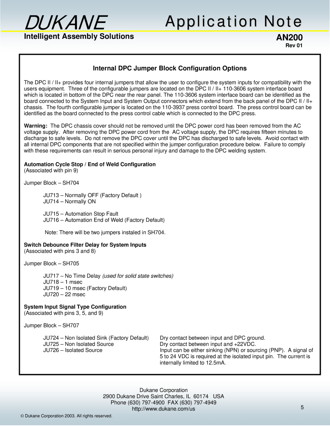 Dukane AN200 manual Internal DPC Jumper Block Configuration Options 