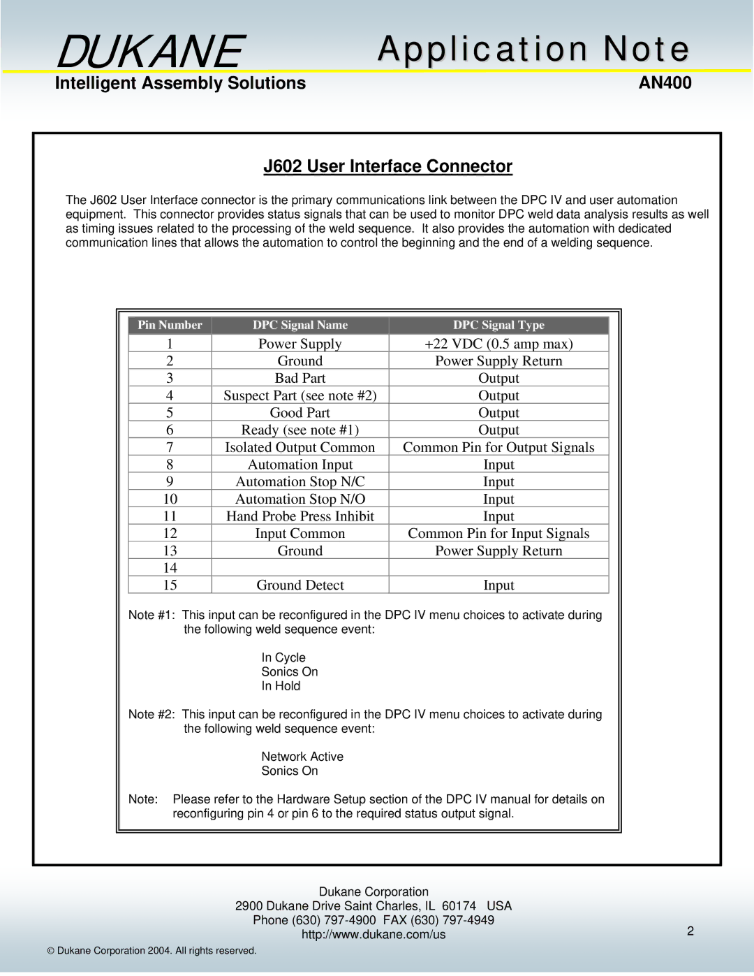 Dukane AN400 manual Pin Number DPC Signal Name DPC Signal Type 