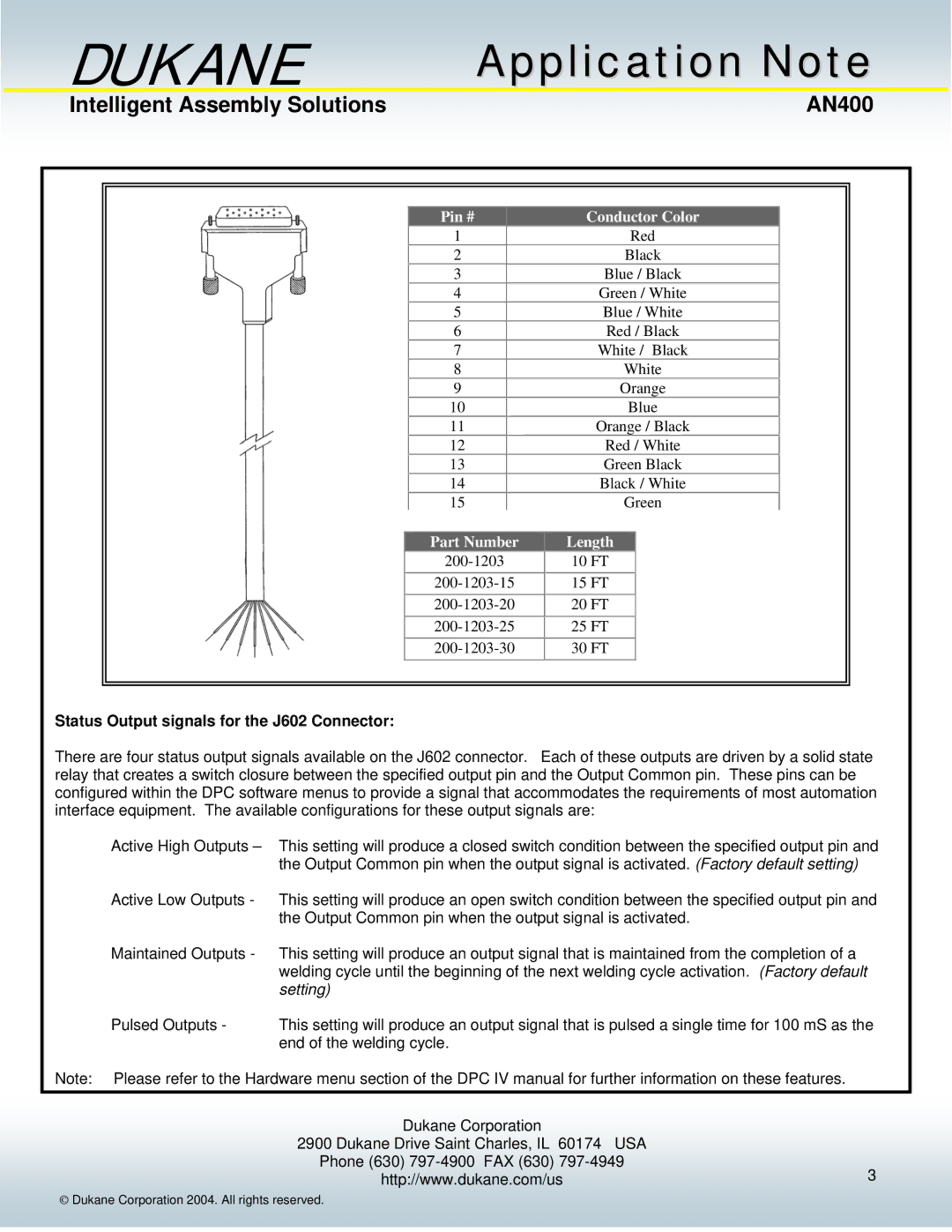 Dukane manual Intelligent Assembly Solutions AN400, Status Output signals for the J602 Connector 