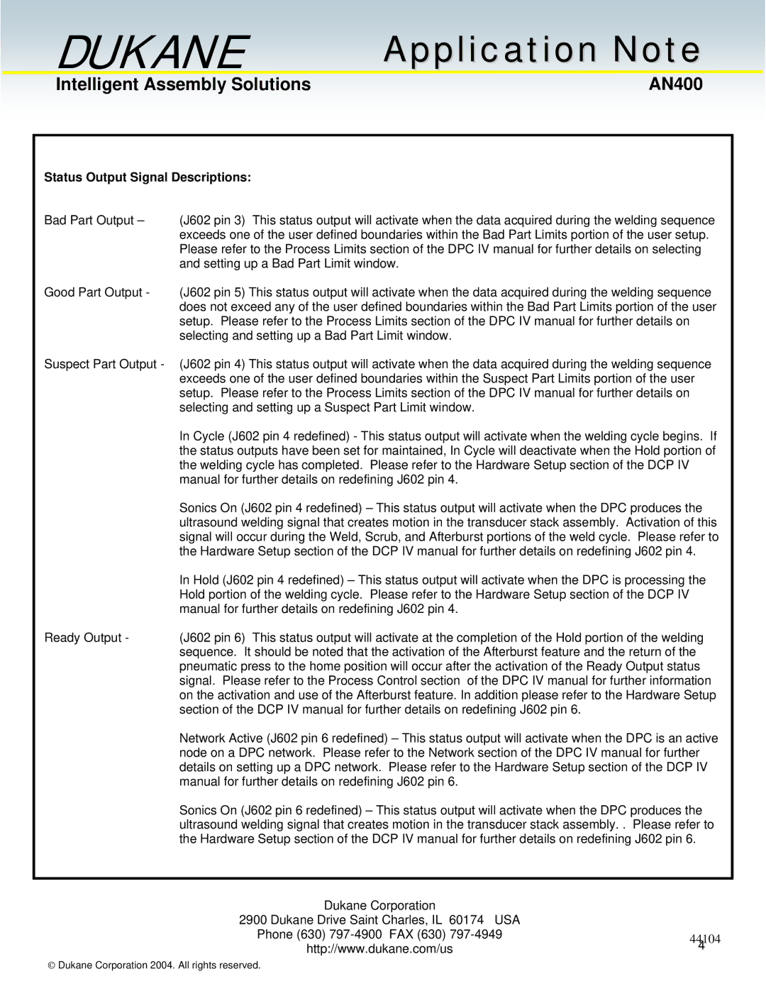 Dukane AN400 manual Status Output Signal Descriptions 