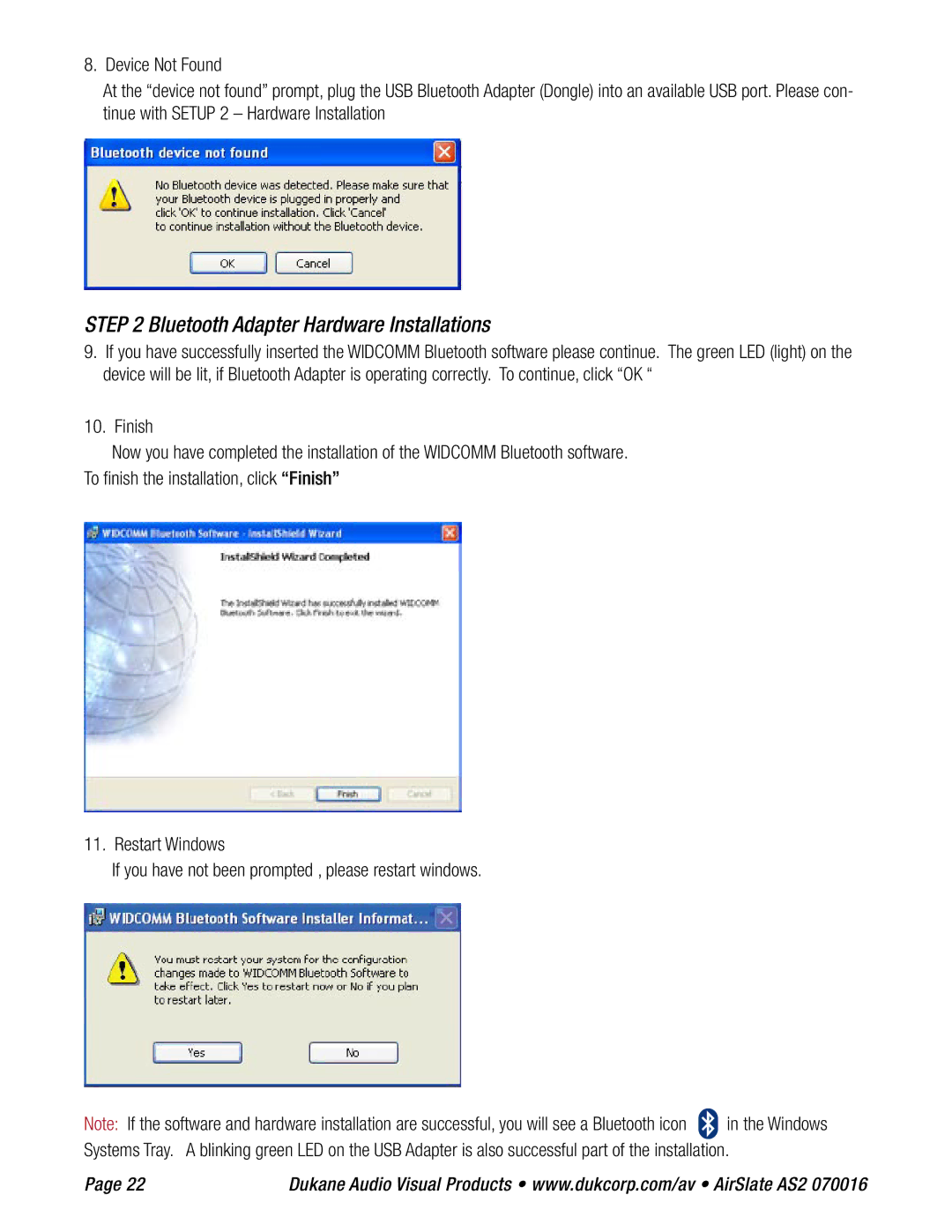 Dukane AS2 specifications Bluetooth Adapter Hardware Installations 