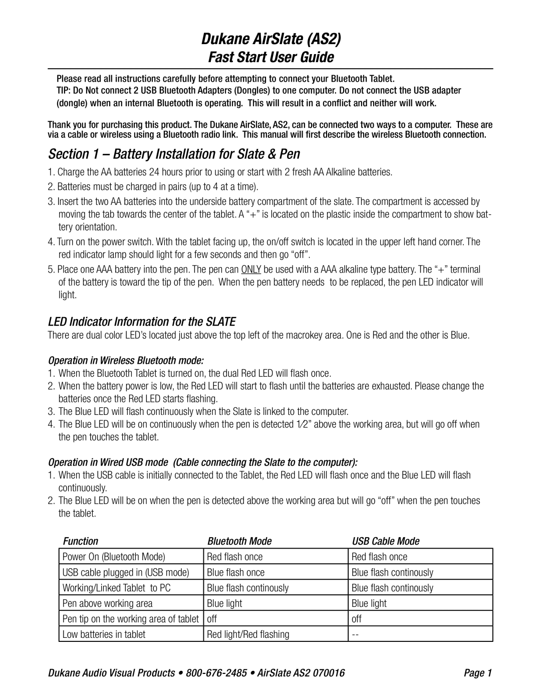 Dukane AS2 specifications Battery Installation for Slate & Pen, LED Indicator Information for the Slate 