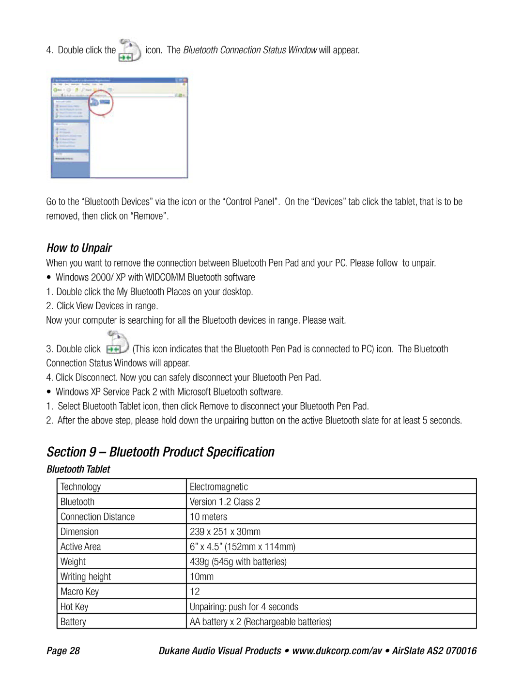 Dukane AS2 specifications Bluetooth Product Speciﬁcation, How to Unpair, Bluetooth Tablet 