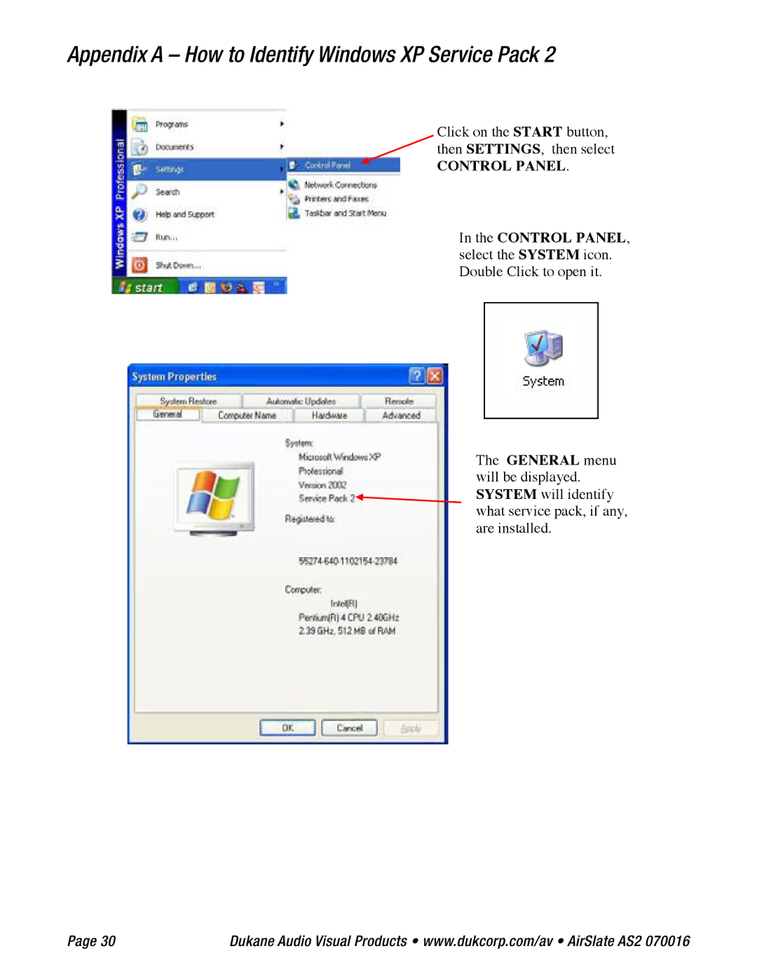 Dukane AS2 specifications Appendix a How to Identify Windows XP Service Pack 