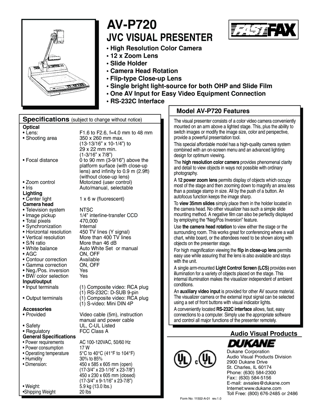 Dukane AV-P720U specifications Optical, Lighting, Camera head, Input/output, Accessories 