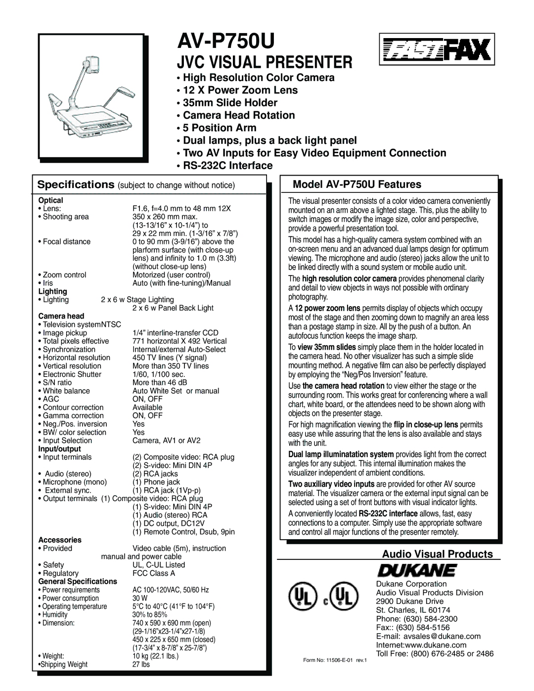 Dukane specifications Model AV-P750U Features, Audio Visual Products 