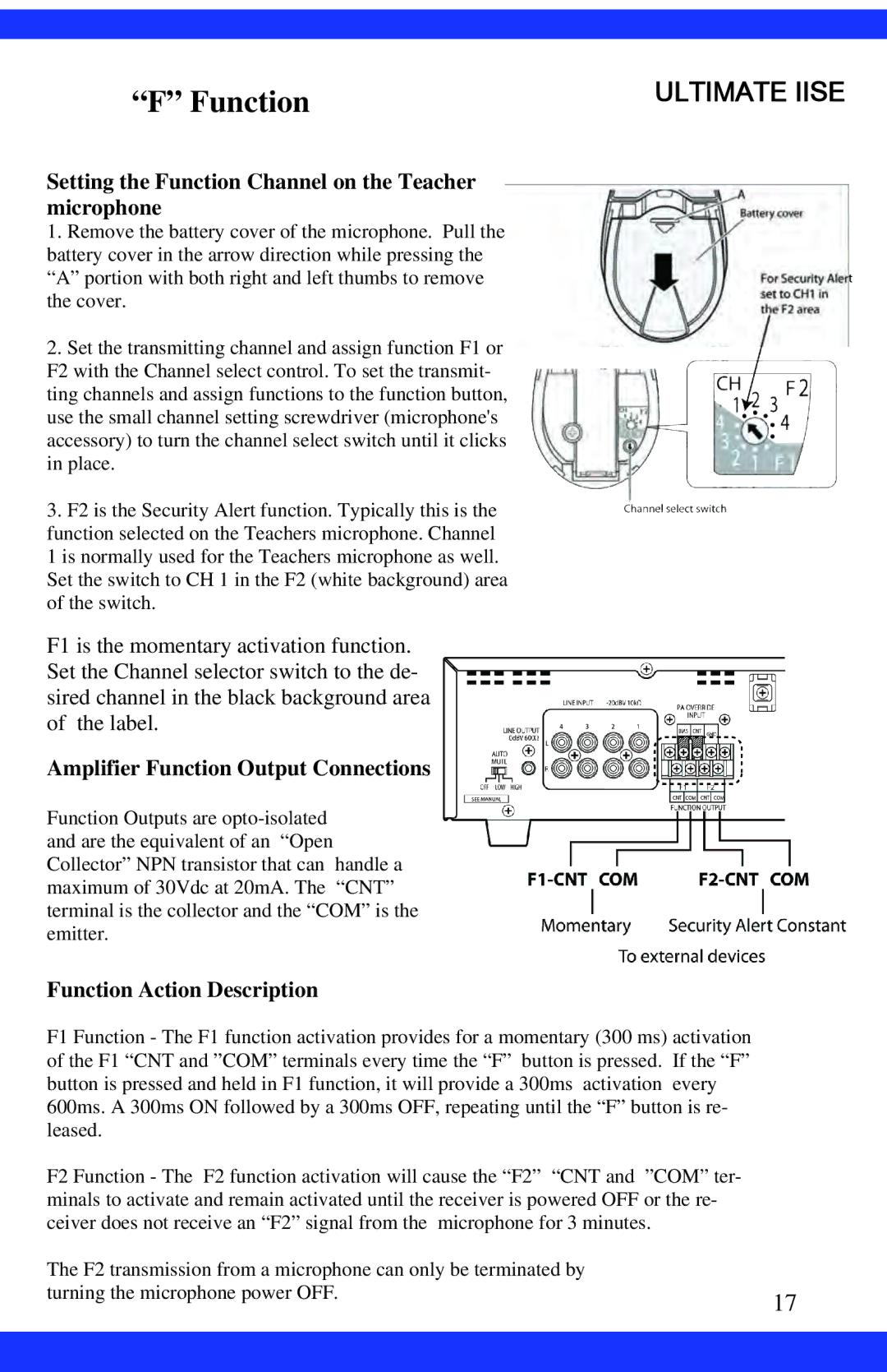 Dukane CAE-20W FunctionULTIMATE Iise, Setting the Function Channel on the Teacher microphone, Function Action Description 