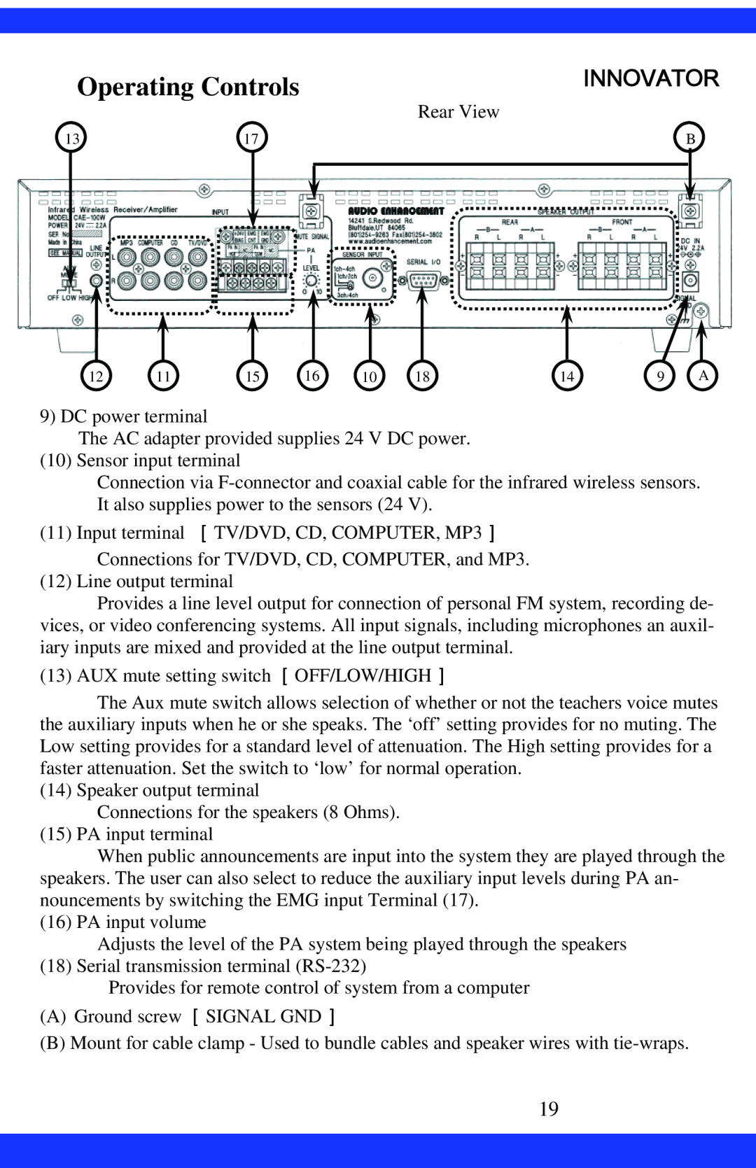 Dukane CAE-20W instruction manual Operating Controls 