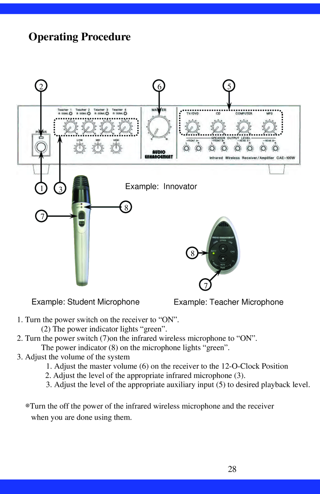 Dukane CAE-20W instruction manual Operating Procedure, Example Student Microphone Example Teacher Microphone 