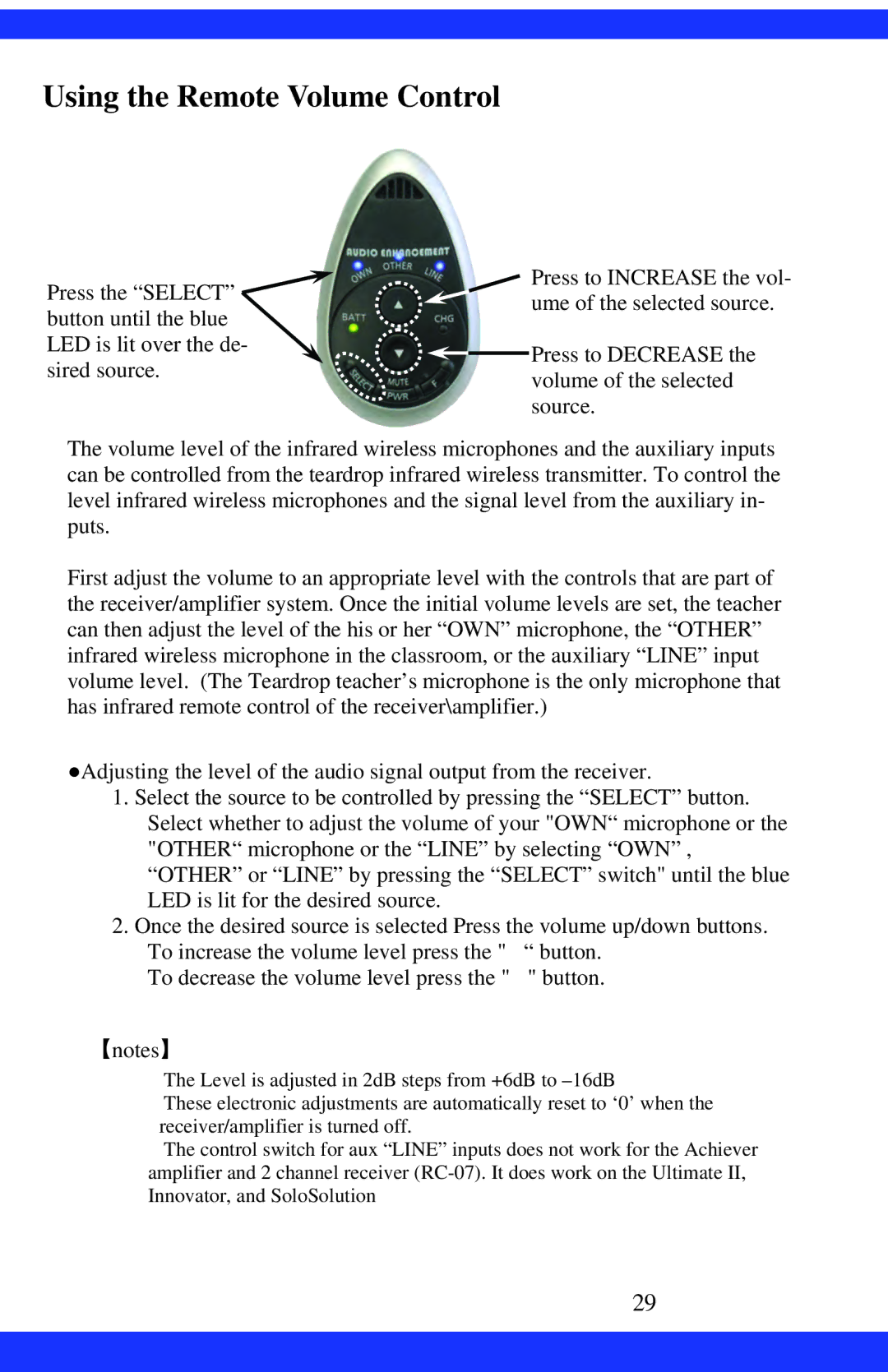 Dukane CAE-20W instruction manual Using the Remote Volume Control 