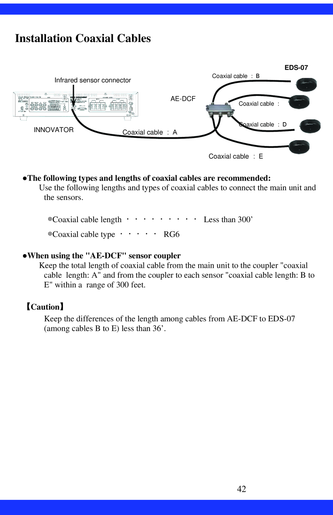 Dukane CAE-20W instruction manual Installation Coaxial Cables, When using the AE-DCF sensor coupler, 【Caution】 