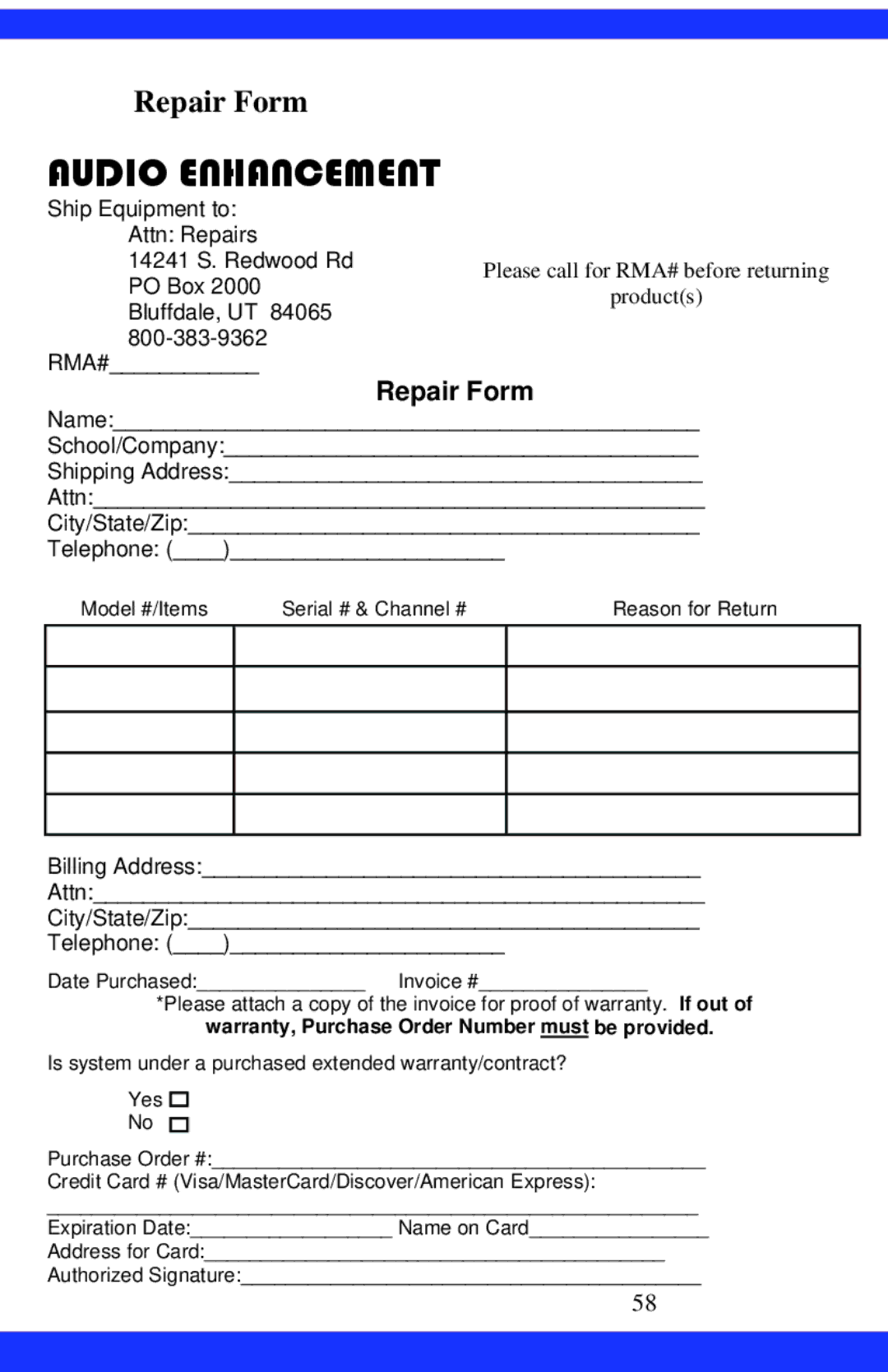 Dukane CAE-20W instruction manual Audio Enhancement, Repair Form 