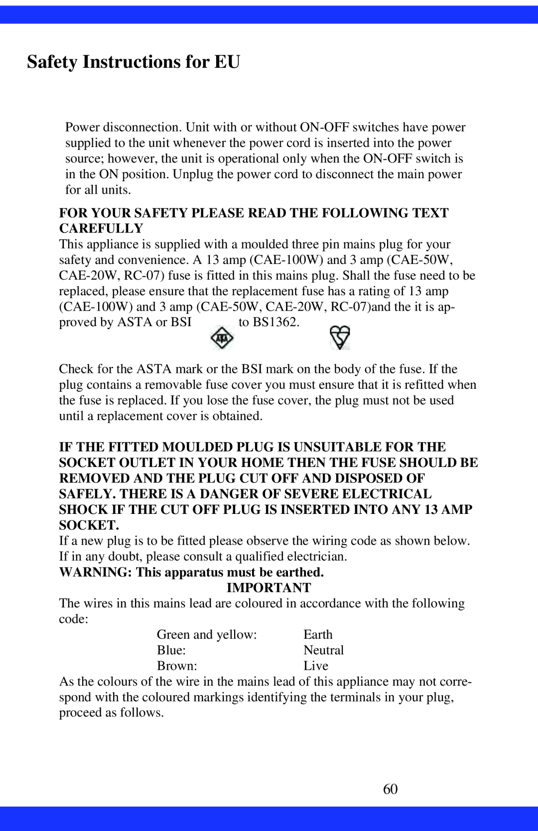 Dukane CAE-20W instruction manual Safety Instructions for EU, For Your Safety Please Read the Following Text Carefully 