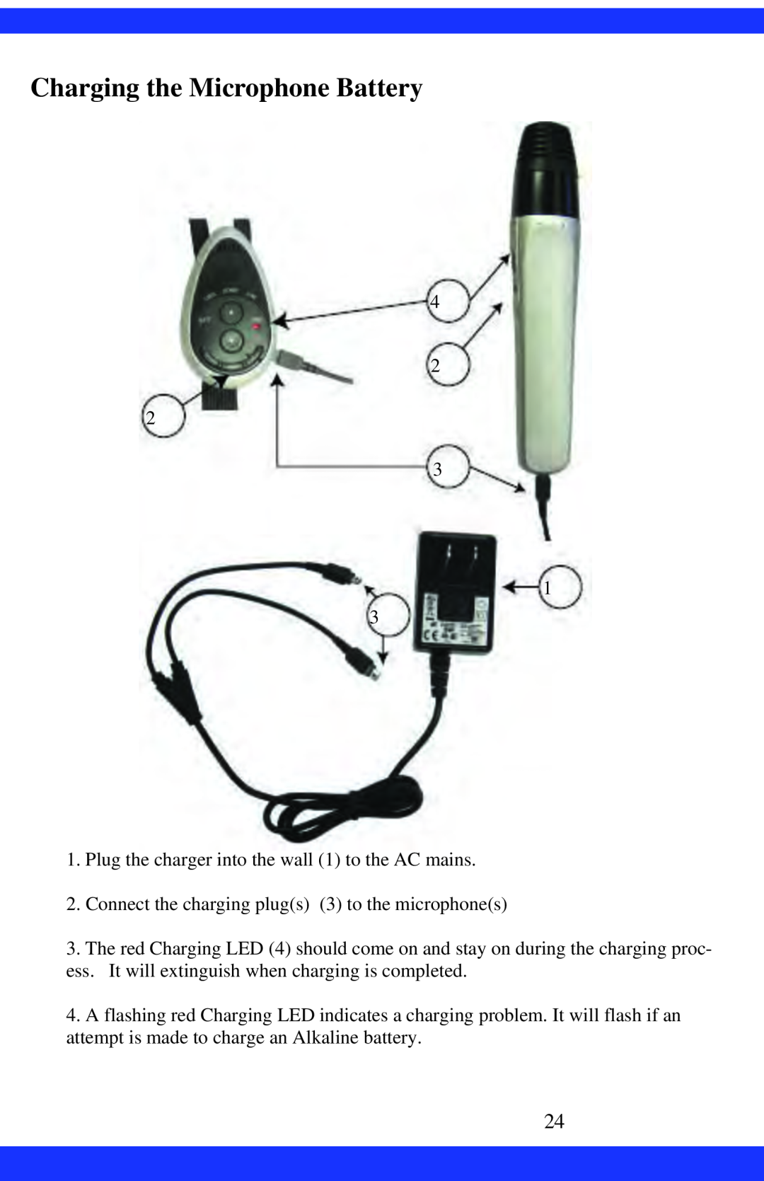 Dukane CAE-20W Charging the Microphone Battery, 4 2 2 3 1 3, Connect the charging plugs 3 to the microphones 