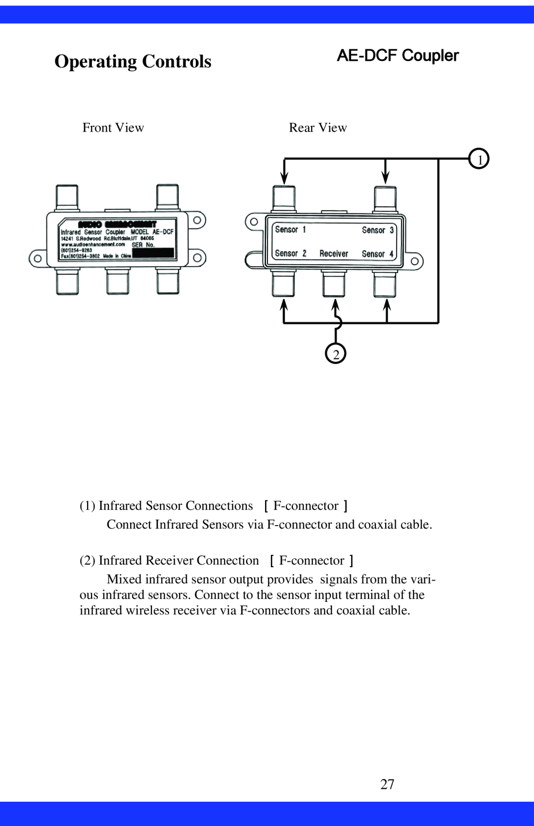Dukane CAE-20W Operating Controls, AE-DCFCoupler, Front View, Rear View, Infrared Sensor Connections ［F-connector］ 