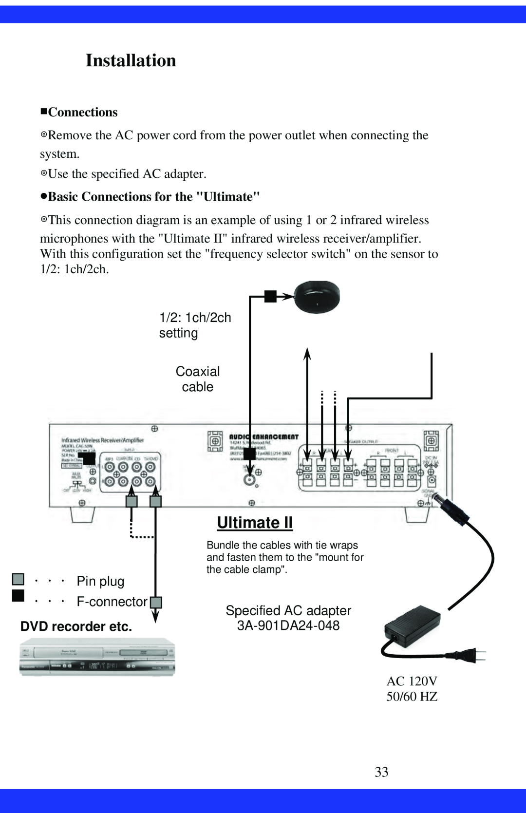 Dukane CAE-20W instruction manual Installation, Basic Connections for the Ultimate, DVD recorder etc 