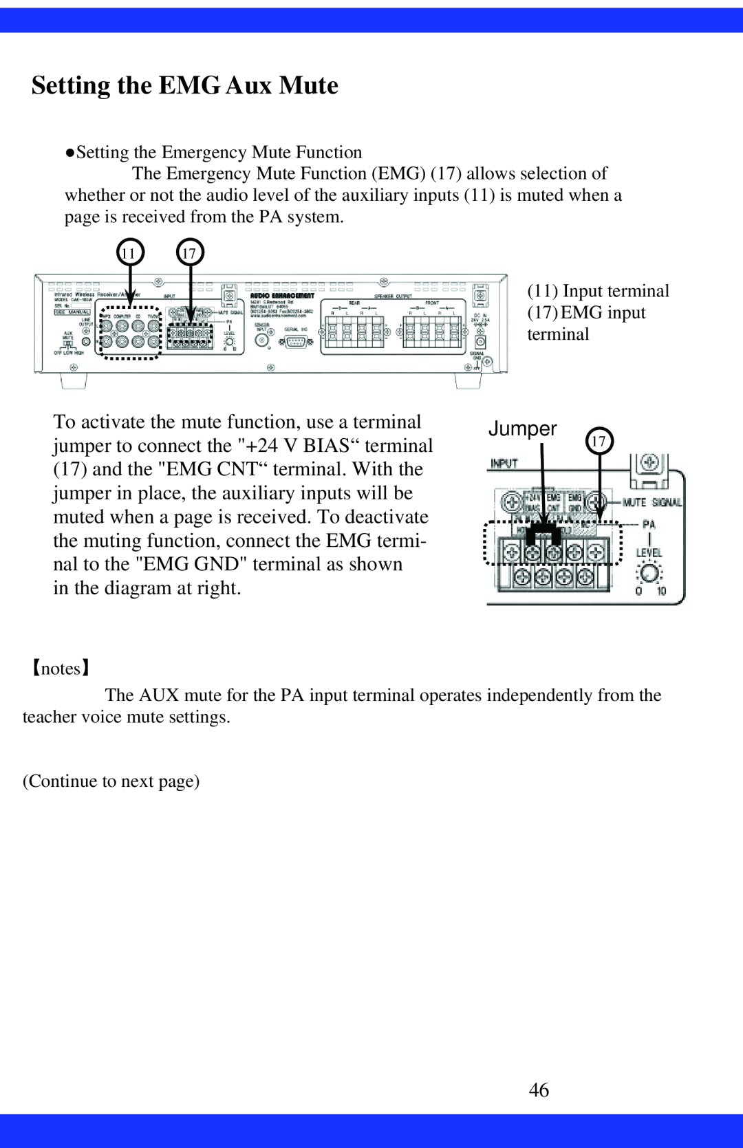 Dukane CAE-20W instruction manual Setting the EMG Aux Mute 