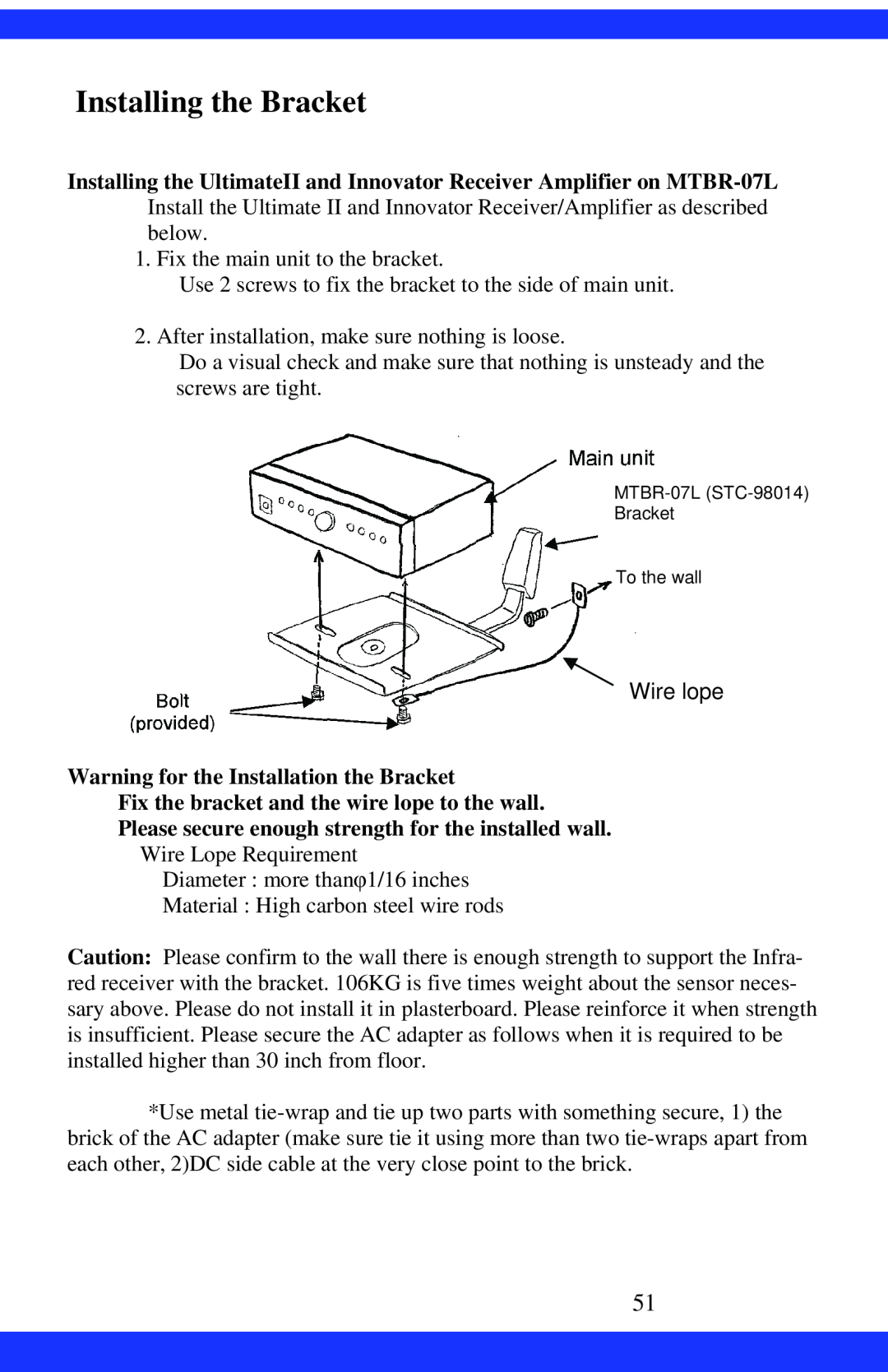 Dukane CAE-20W instruction manual Installing the Bracket, Warning for the Installation the Bracket 
