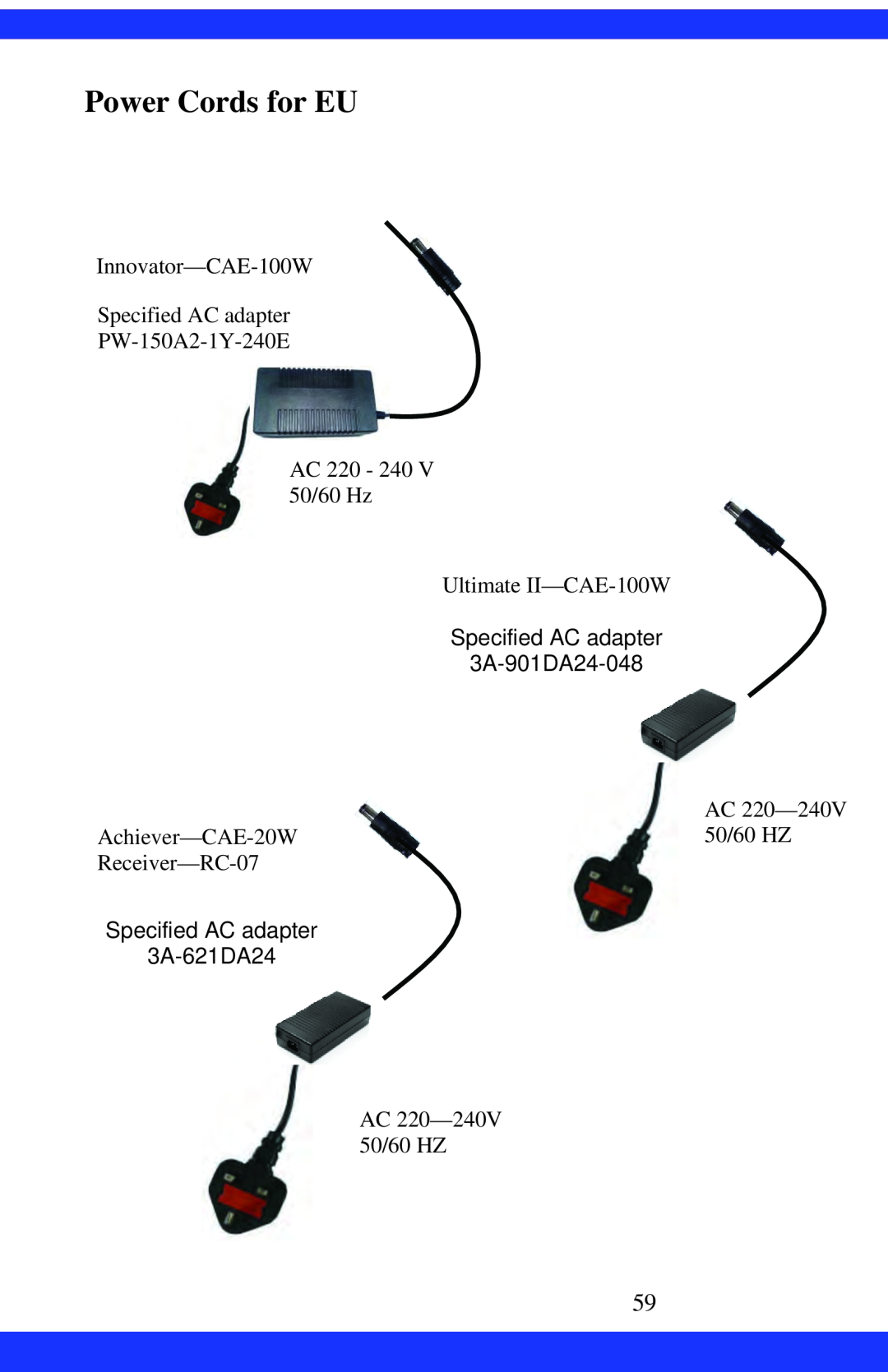 Dukane CAE-20W Power Cords for EU, Innovator—CAE-100W Specified AC adapter, PW-150A2-1Y-240E AC 220 - 240 V 50/60 Hz 