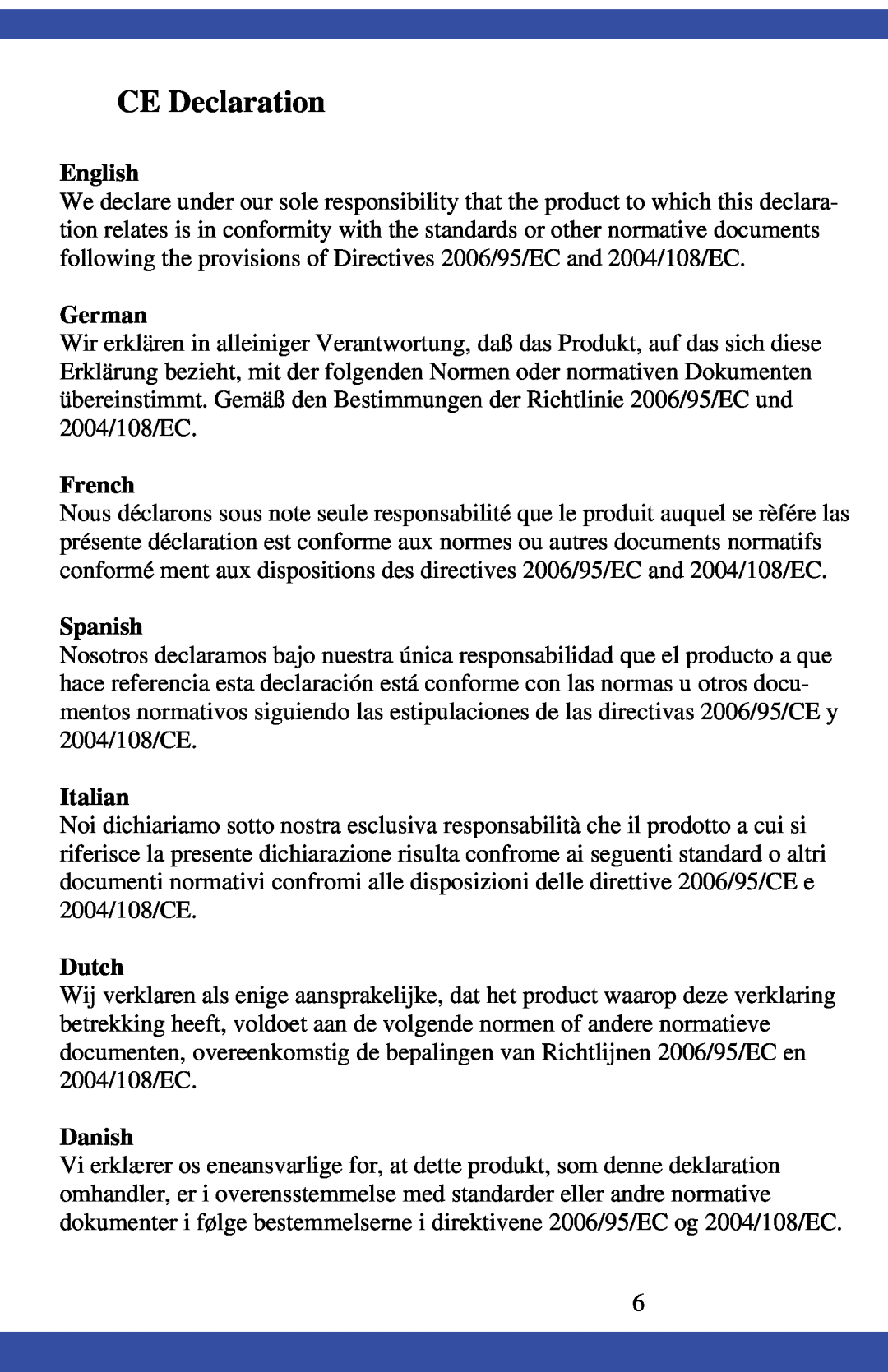 Dukane CAE-20W instruction manual CE Declaration, English, German, French, Spanish, Italian, Dutch, Danish 