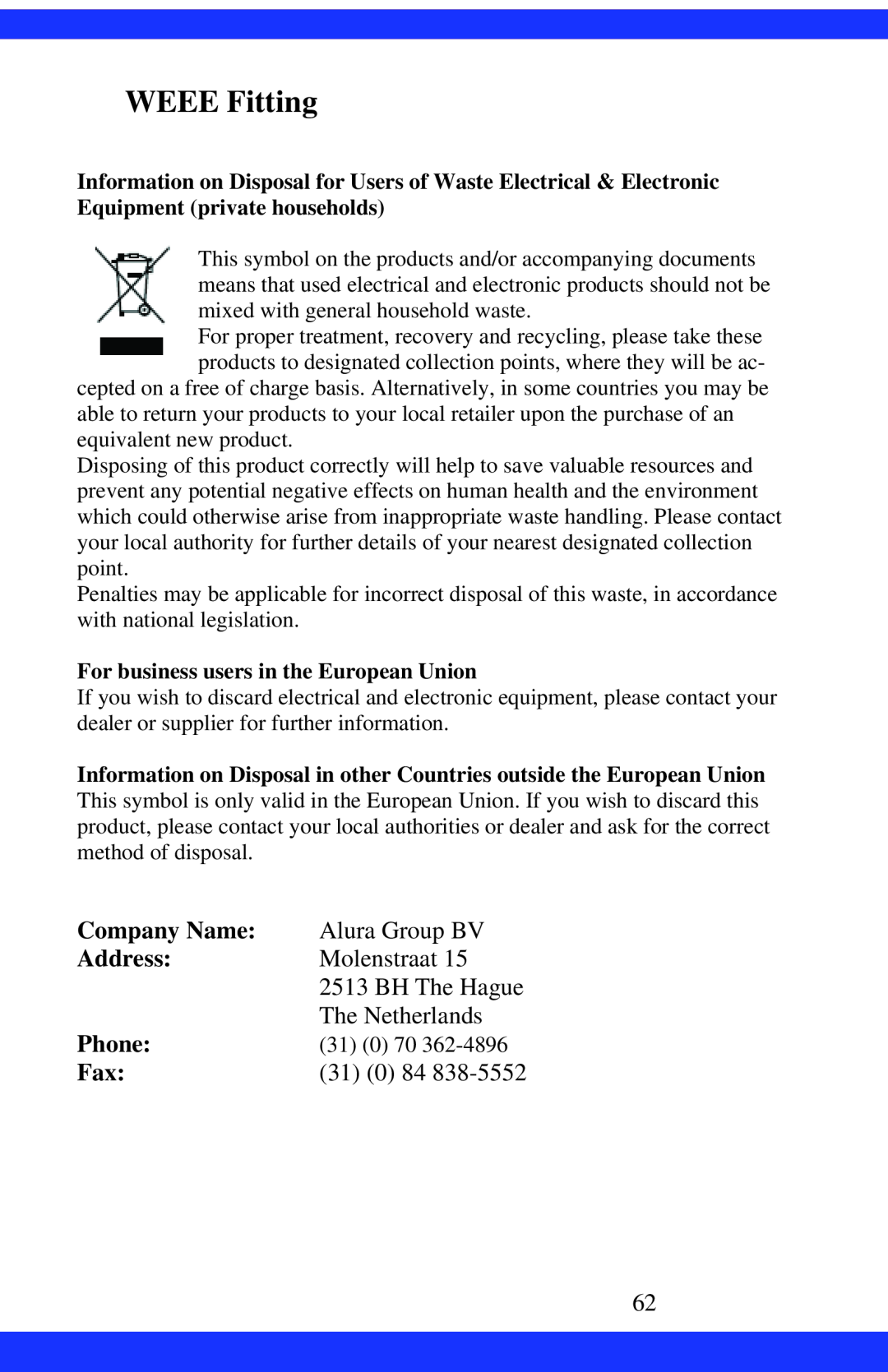 Dukane CAE-20W instruction manual WEEE Fitting, Company Name, Address, Phone 