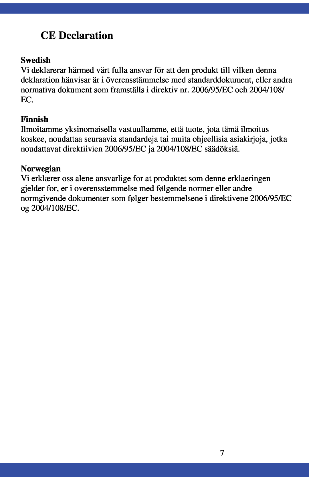 Dukane CAE-20W instruction manual CE Declaration, Swedish, Finnish, Norwegian 