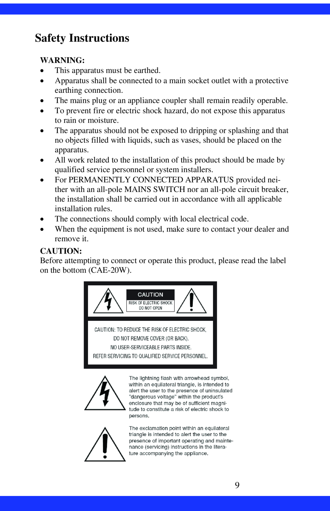 Dukane CAE-20W instruction manual Safety Instructions, •This apparatus must be earthed 