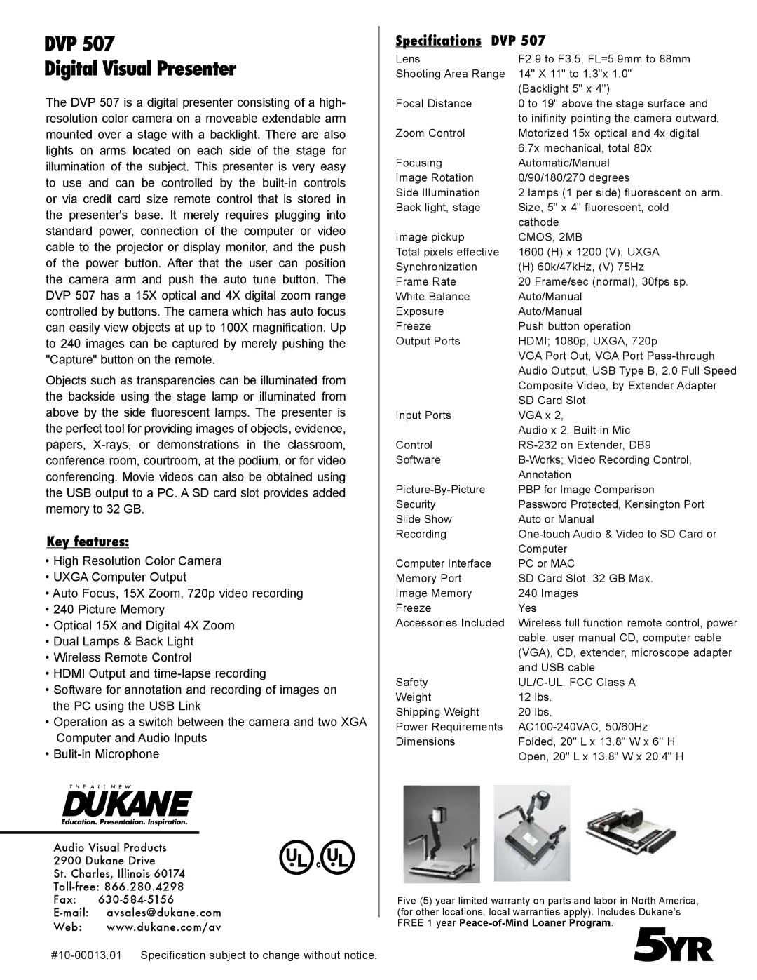 Dukane DVP507 manual DVP Digital Visual Presenter, Key features, Specifications DVP, CMOS, 2MB 