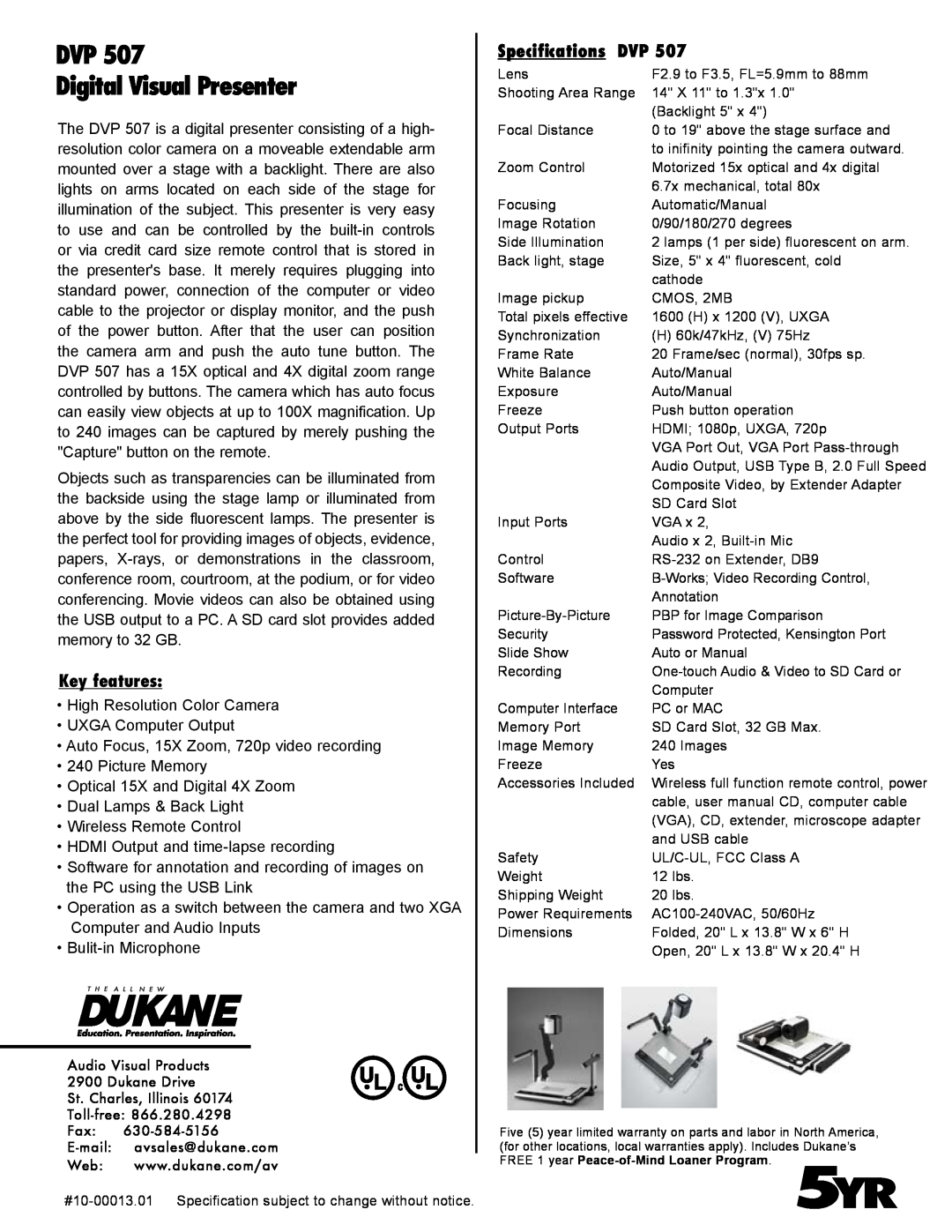 Dukane DVP507 manual DVP Digital Visual Presenter, Key features, Specifications DVP 