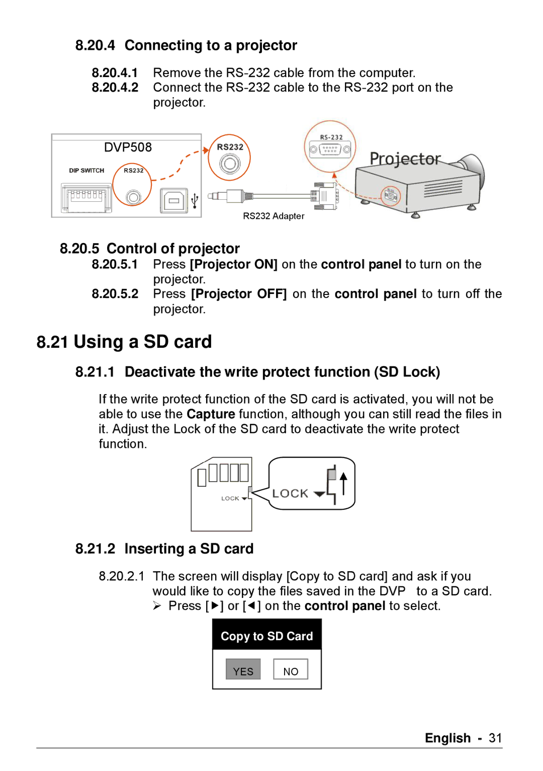 Dukane DVP508 user manual Using a SD card, Connecting to a projector, Control of projector, Inserting a SD card 