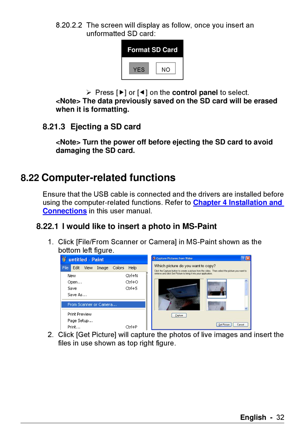 Dukane DVP508 user manual Computer-related functions, Ejecting a SD card, Would like to insert a photo in MS-Paint 