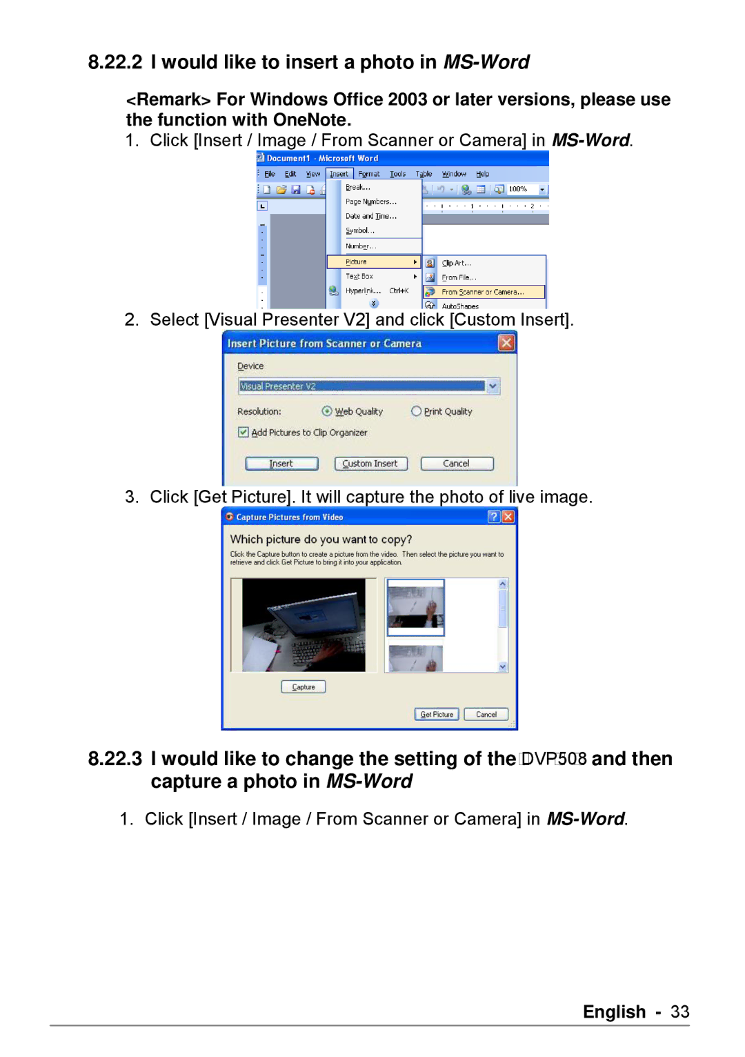 Dukane DVP508 user manual Would like to insert a photo in MS-Word 