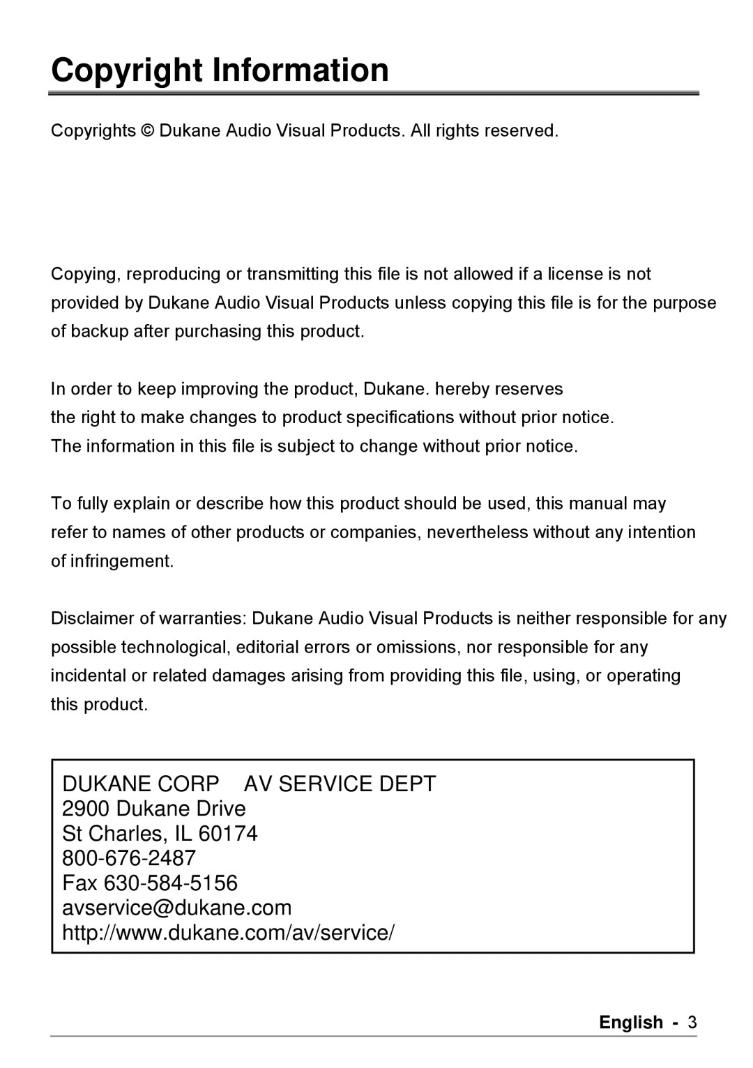 Dukane DVP508 user manual Copyright Information 