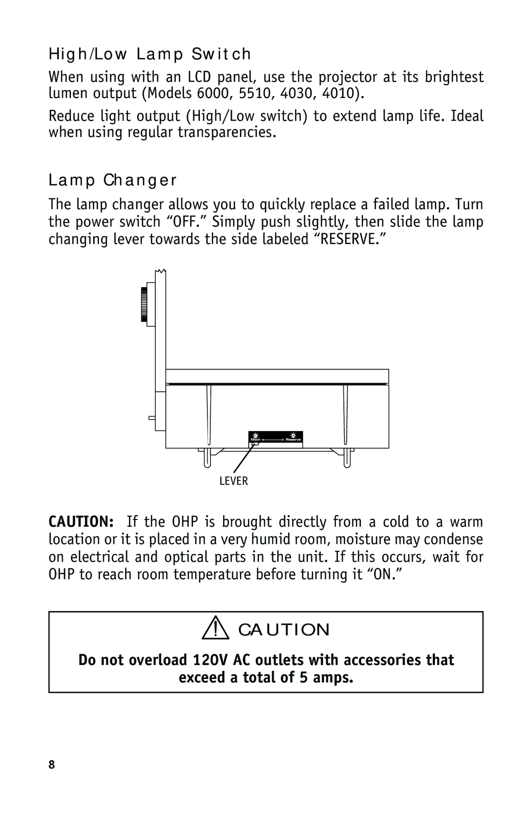 Dukane HD 4010, SF4030, SF4010, SF3000, SF5510, SF6000, SF3010 manual High/Low Lamp Switch 