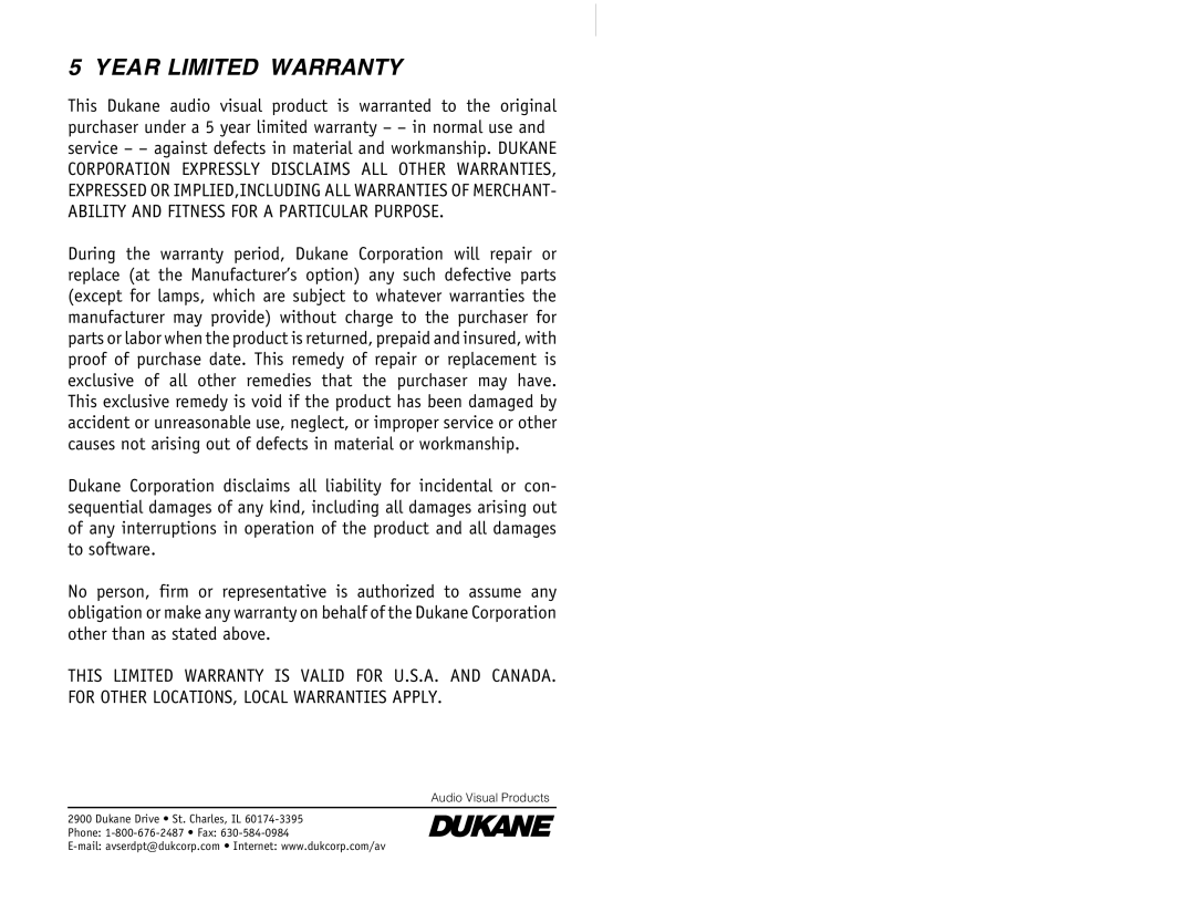 Dukane SF4010, HD 4010, SF4030, SF3000, SF5510, SF6000, SF3010 manual Year Limited Warranty 