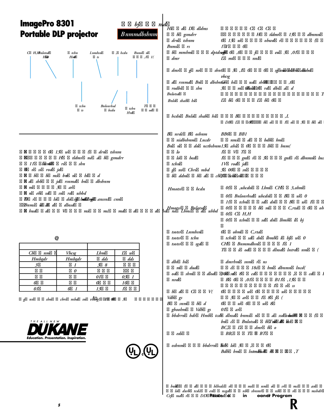 Dukane ImagePro 8301 warranty Image Size Throw Distance, Speciﬁcations 8301, Vga, Svga, Xga, Sxga,Uxga, Ntsc, Pal, Pal-M 