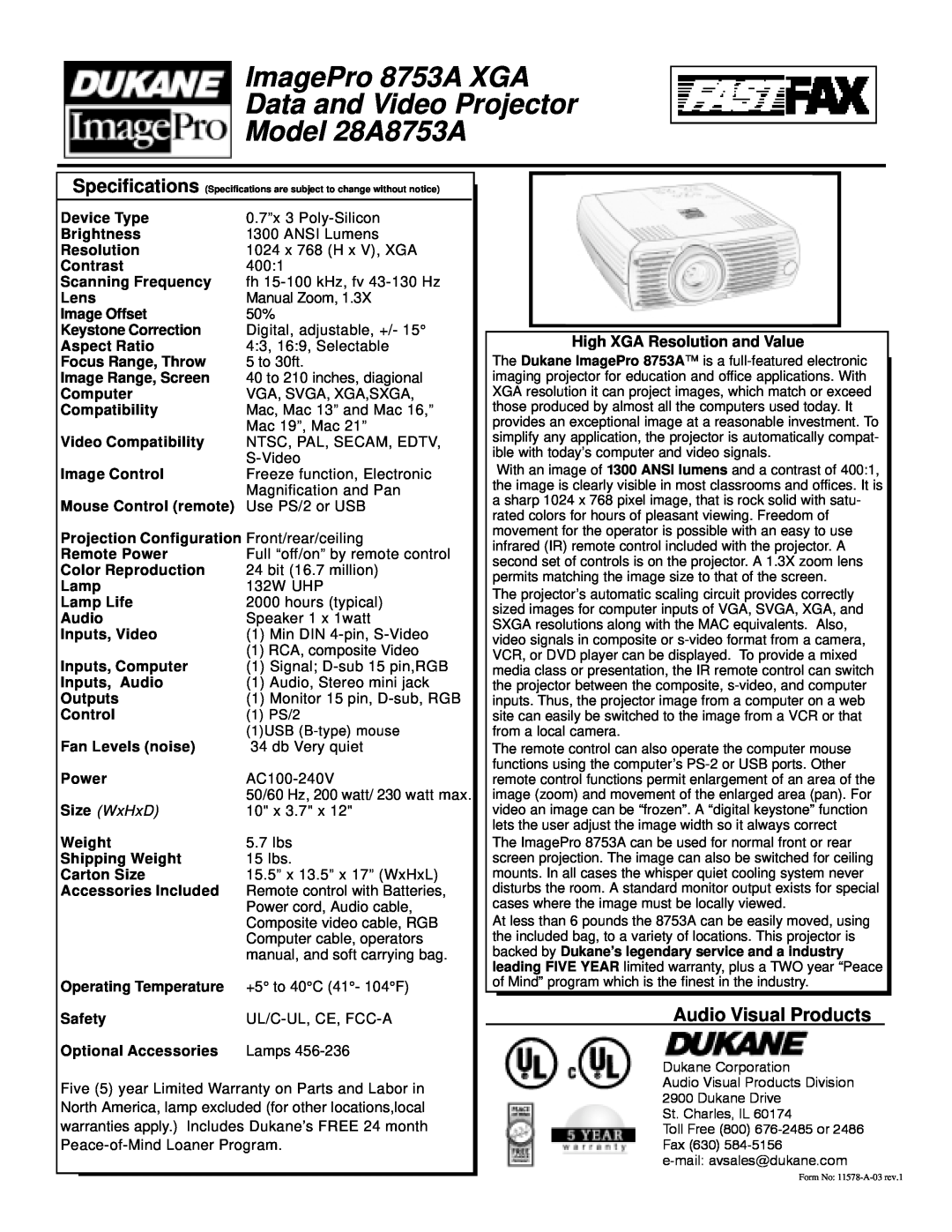 Dukane specifications ImagePro 8753A XGA Data and Video Projector Model 28A8753A, Audio Visual Products, Size WxHxD 