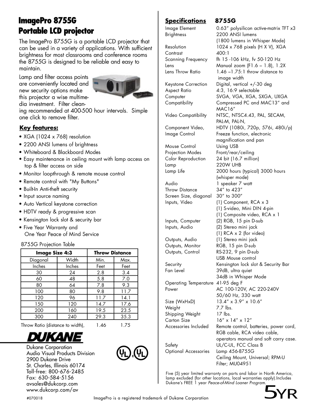 Dukane manual ImagePro 8755G Portable LCD projector, Key features, Specifications 8755G, Image Size Throw Distance 