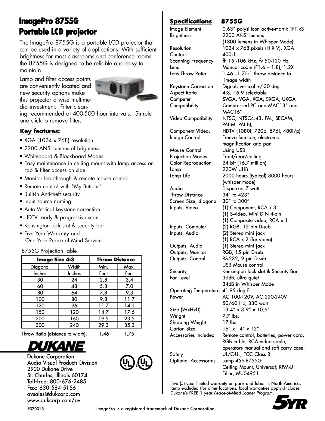 Dukane manual ImagePro 8755G Portable LCD projector, Key features, Specifications 