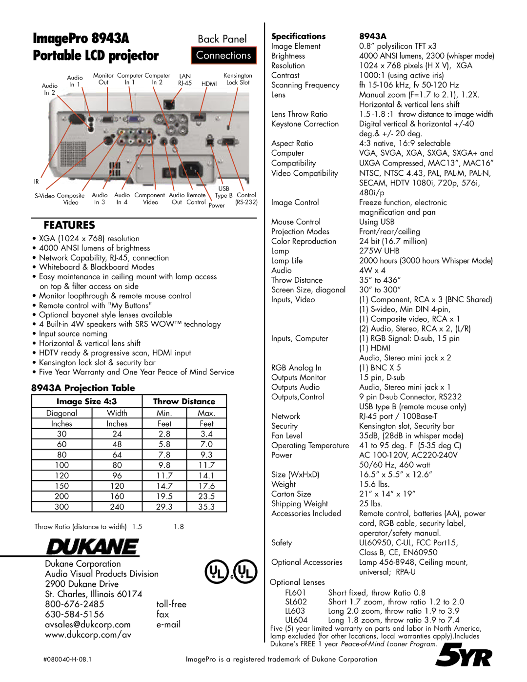 Dukane ImagePro 8943A manual Features, Image Size Throw Distance, Speciﬁcations 8943A 