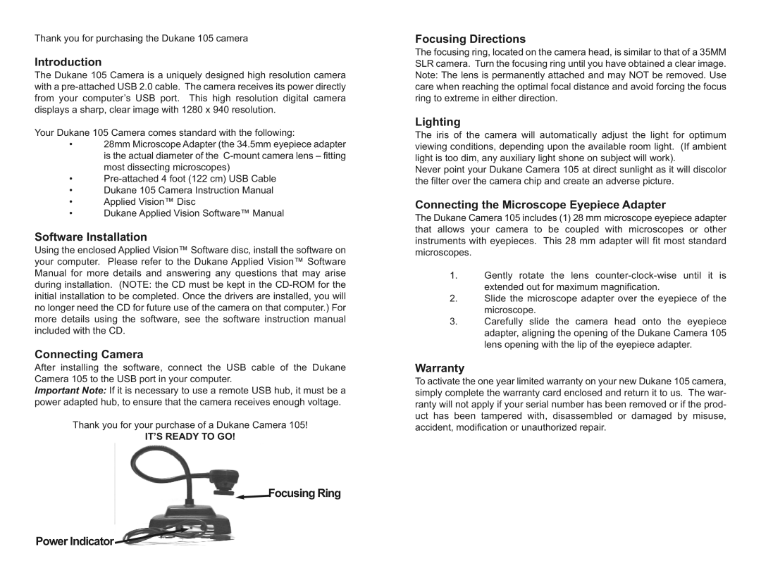 Dukane INS-VVDUK105 instruction manual Introduction, Software Installation, Connecting Camera, Lighting, Warranty 