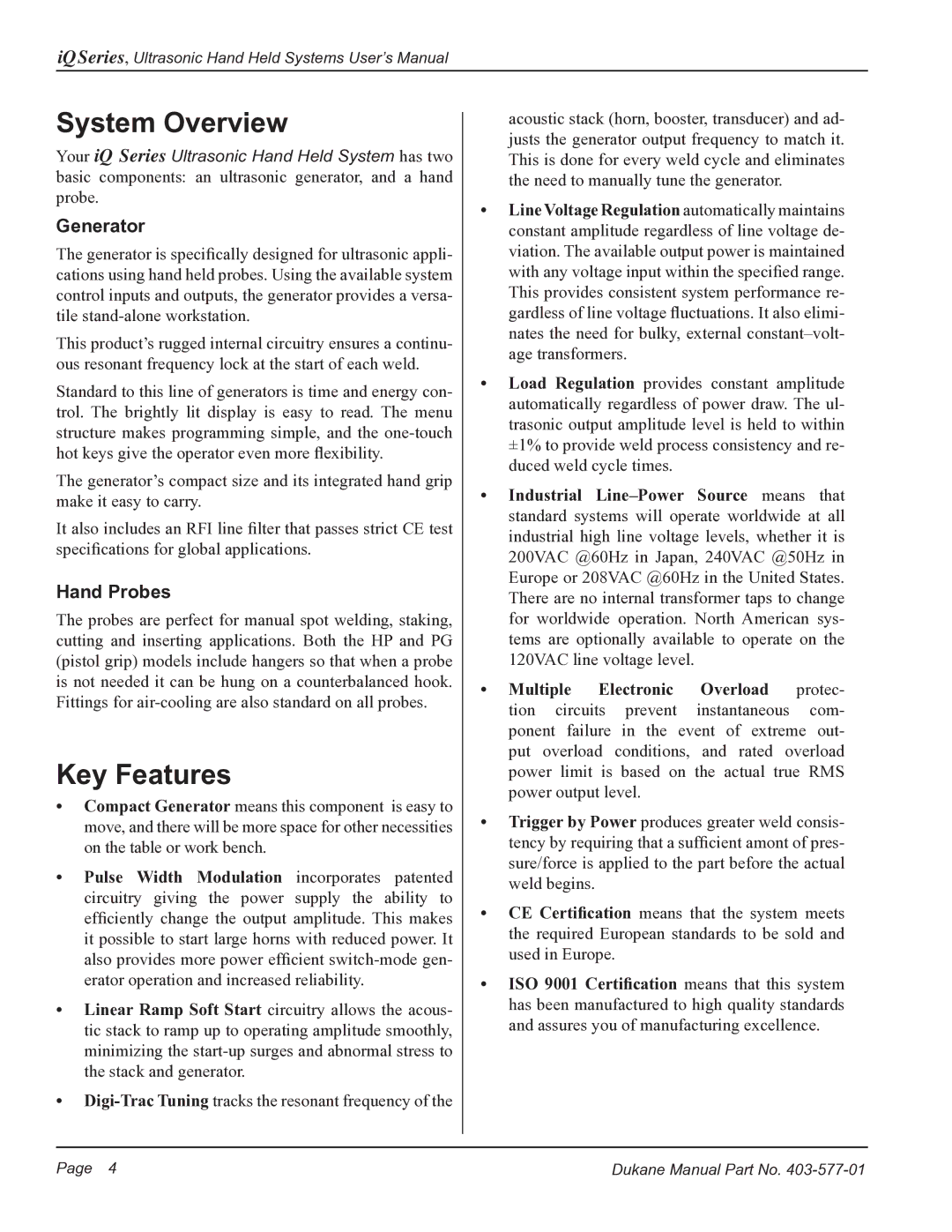 Dukane iQ Series user manual System Overview, Key Features, Generator, Hand Probes 