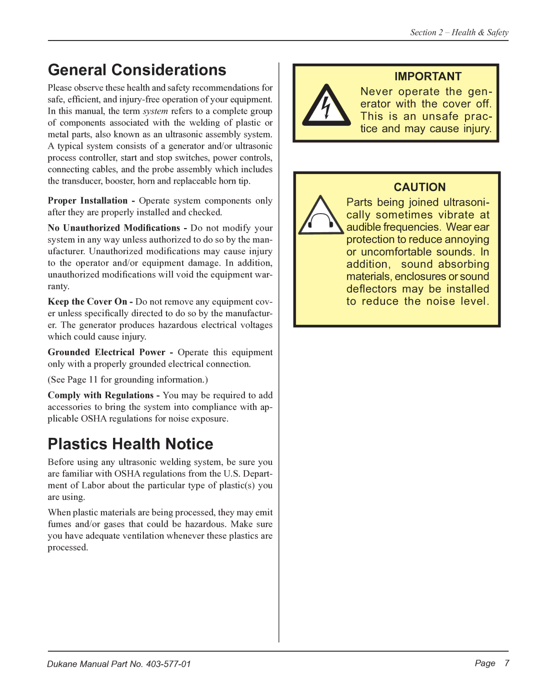 Dukane iQ Series user manual General Considerations, Plastics Health Notice 