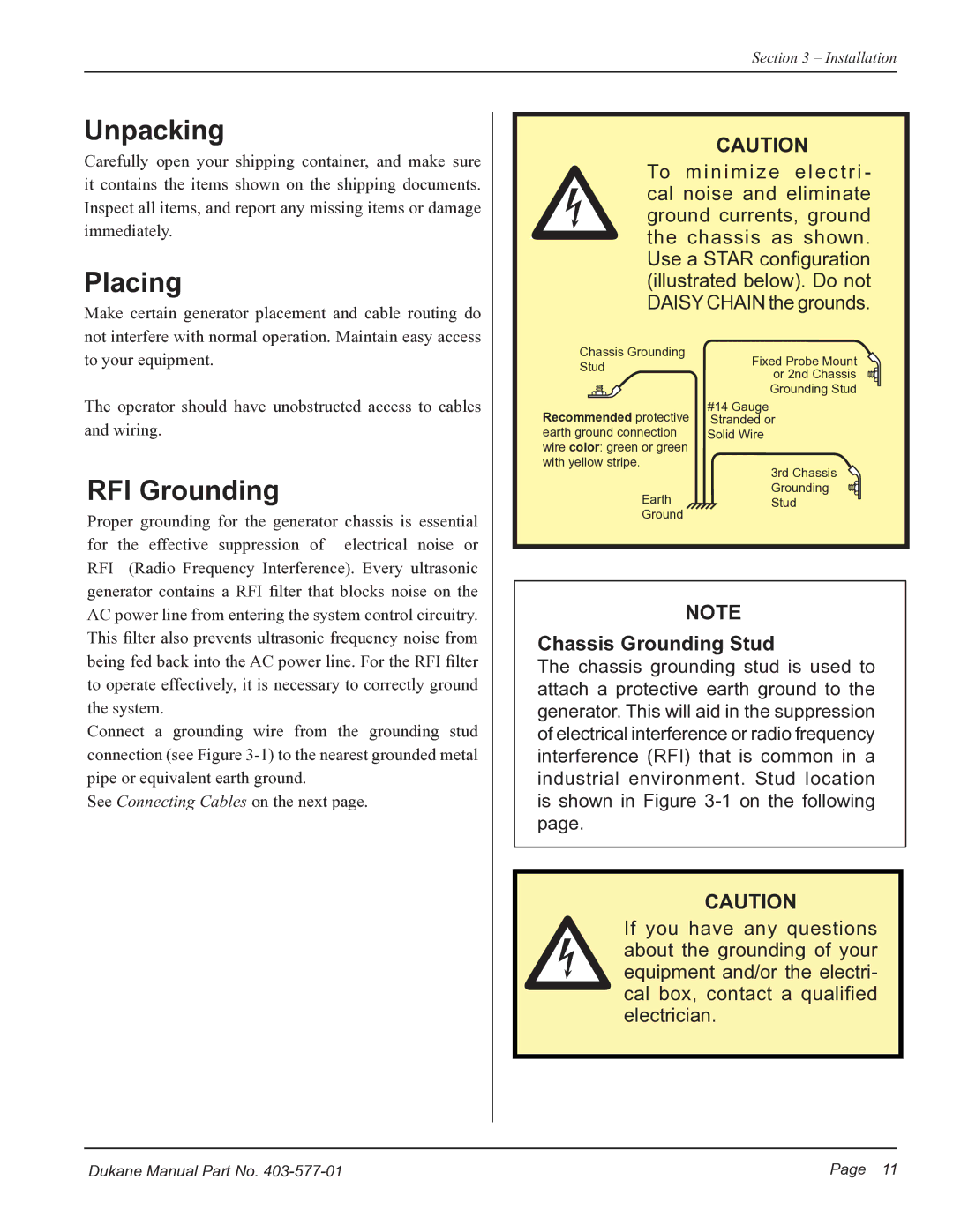 Dukane iQ Series user manual Unpacking, Placing, RFI Grounding 