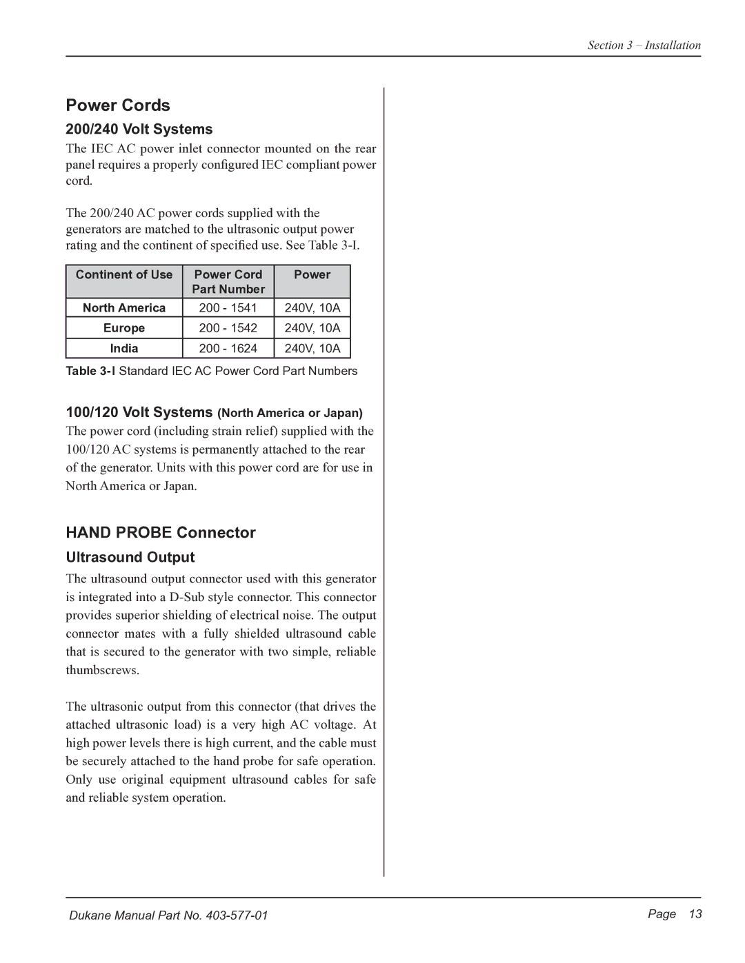Dukane iQ Series user manual Power Cords, 200/240 Volt Systems, Ultrasound Output 